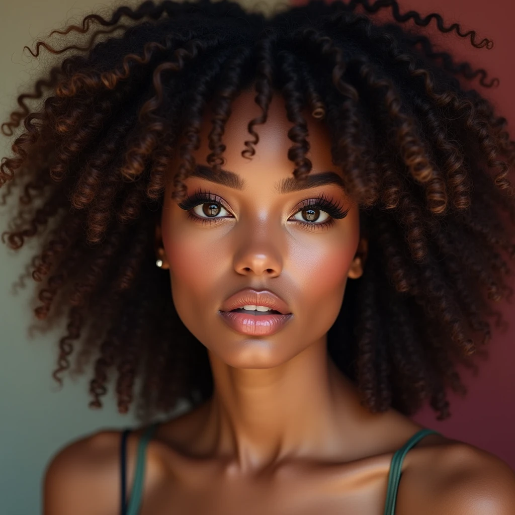 Mixed girl with curly hair with big lips,small nose,fat and facing forward
