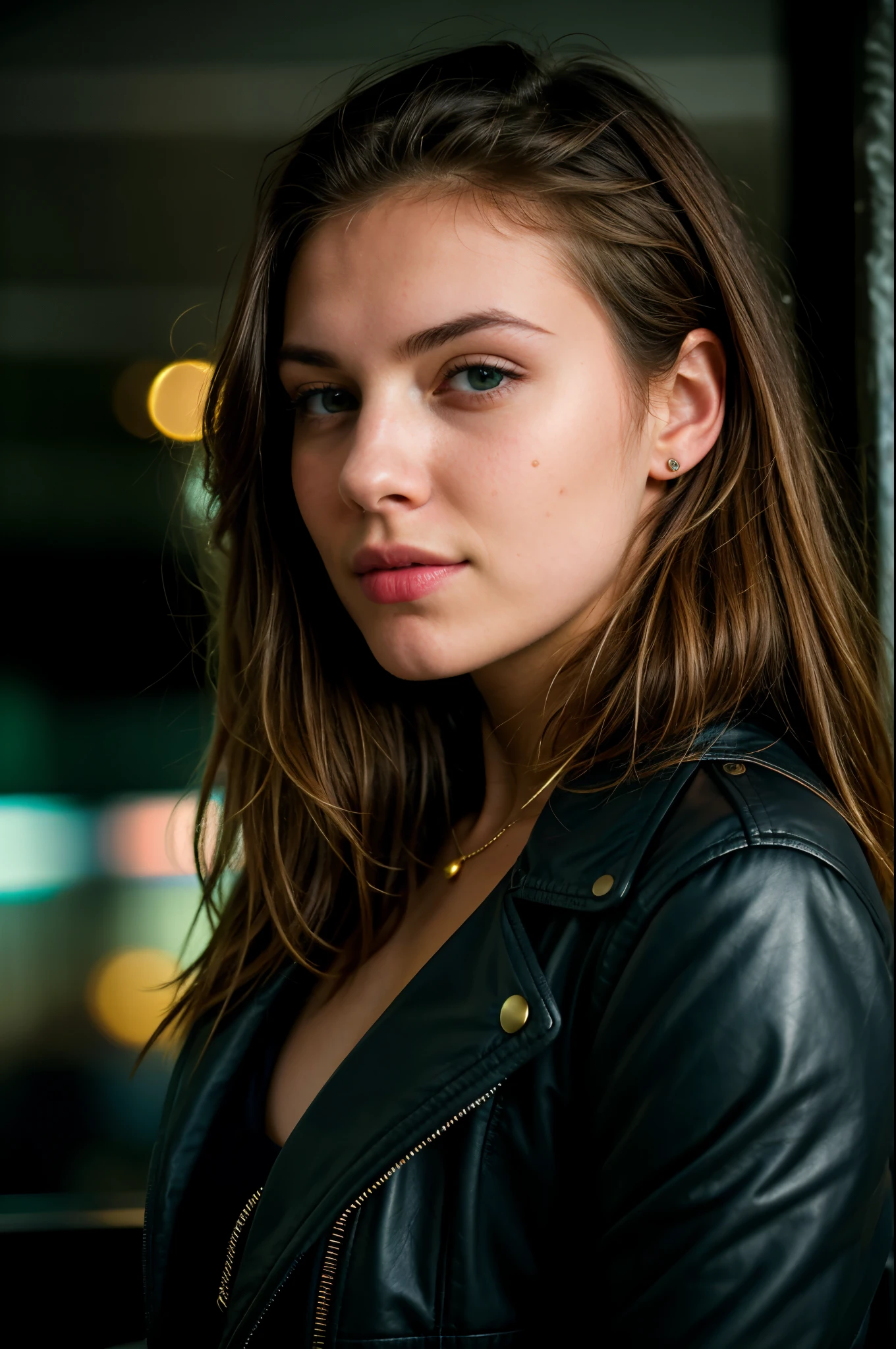 polaroid photo, complete dark room, bokeh, motion blur, face portrait, side portrait, canon 50mm lens, photo of a beautiful 24 y.o. woman sit at theater, no smiling, profile side, watching the movie, she don't give attention to the camera, no lights, the movie enlights her face from the front, blue tones, no teeth, wearing black leather jacket, green eyes, close up, 8k, high quality, high res, high details