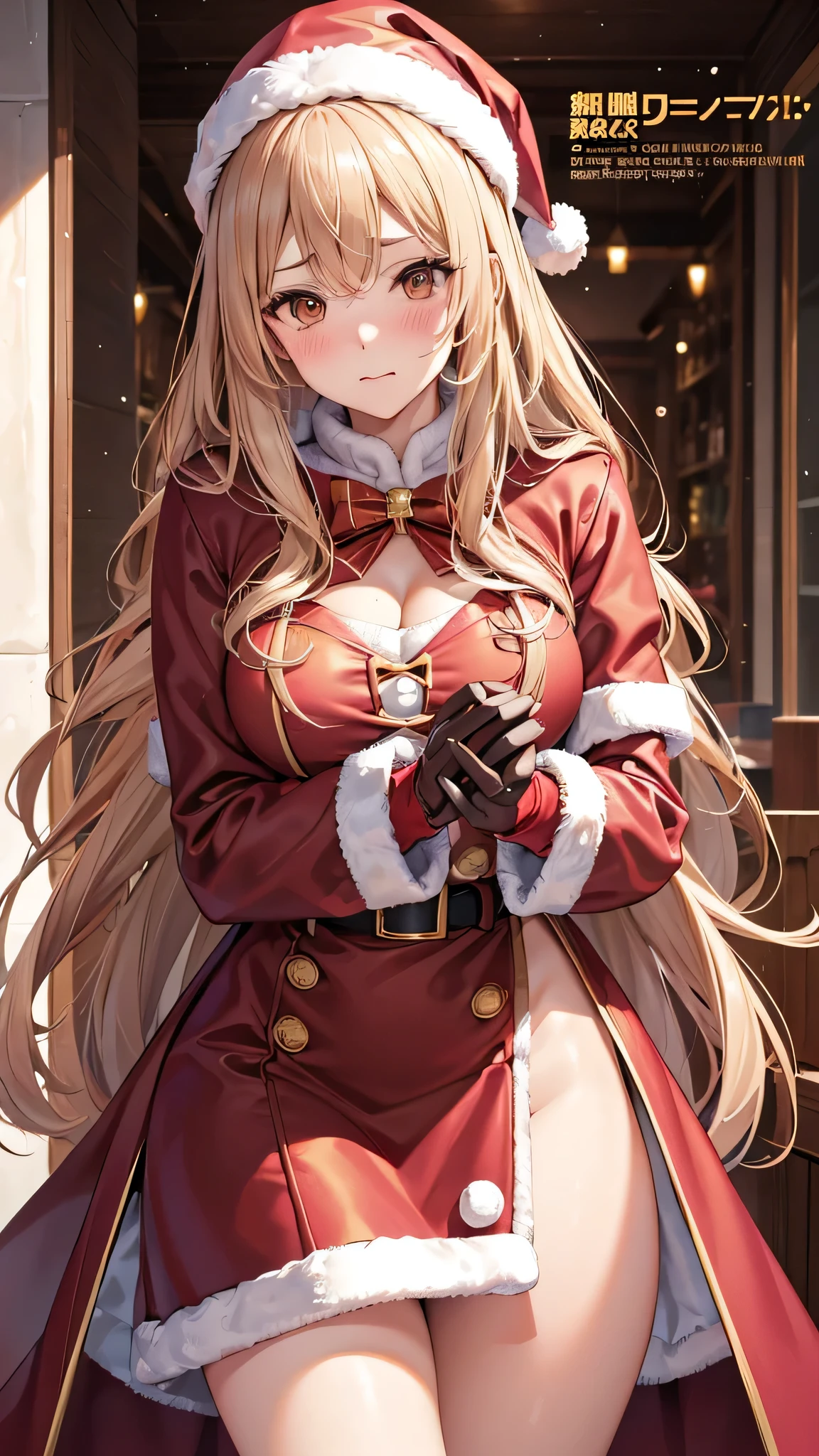 Adult women, Alone, sexy,8K resolution,((Best Quality)),Ultra-high resolution, ( embarrassed face), ( Brown Eyes ), A beautiful, symmetrical face, (Golden straight long hair),pink Santa Claus coat,First Volume,gloves,Santa Claus's Red Skirt,Realistic:1.4,Realistic:1.4,(masterpiece:1.2),Perfect Eyes,Perfect Eyes,Perfect waist,Perfect thighs,Anatomically correct human body,winter,evening,legs wrapped in stockings