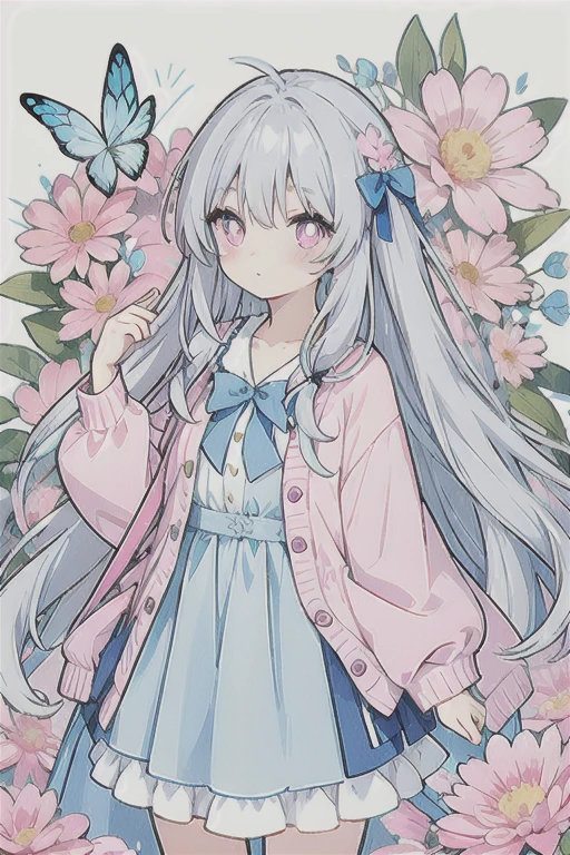 Gray hair、Very long hair, light blue left eye、The right eye has pink eyes, flower-shaped pupils, loose blouse, pink cardigan, light blue skirt, light blue ribbon on the collar · girl · cute · quiet · pink flower field · holding a stuffed rabbit · pink butterfly · soft light · top quality