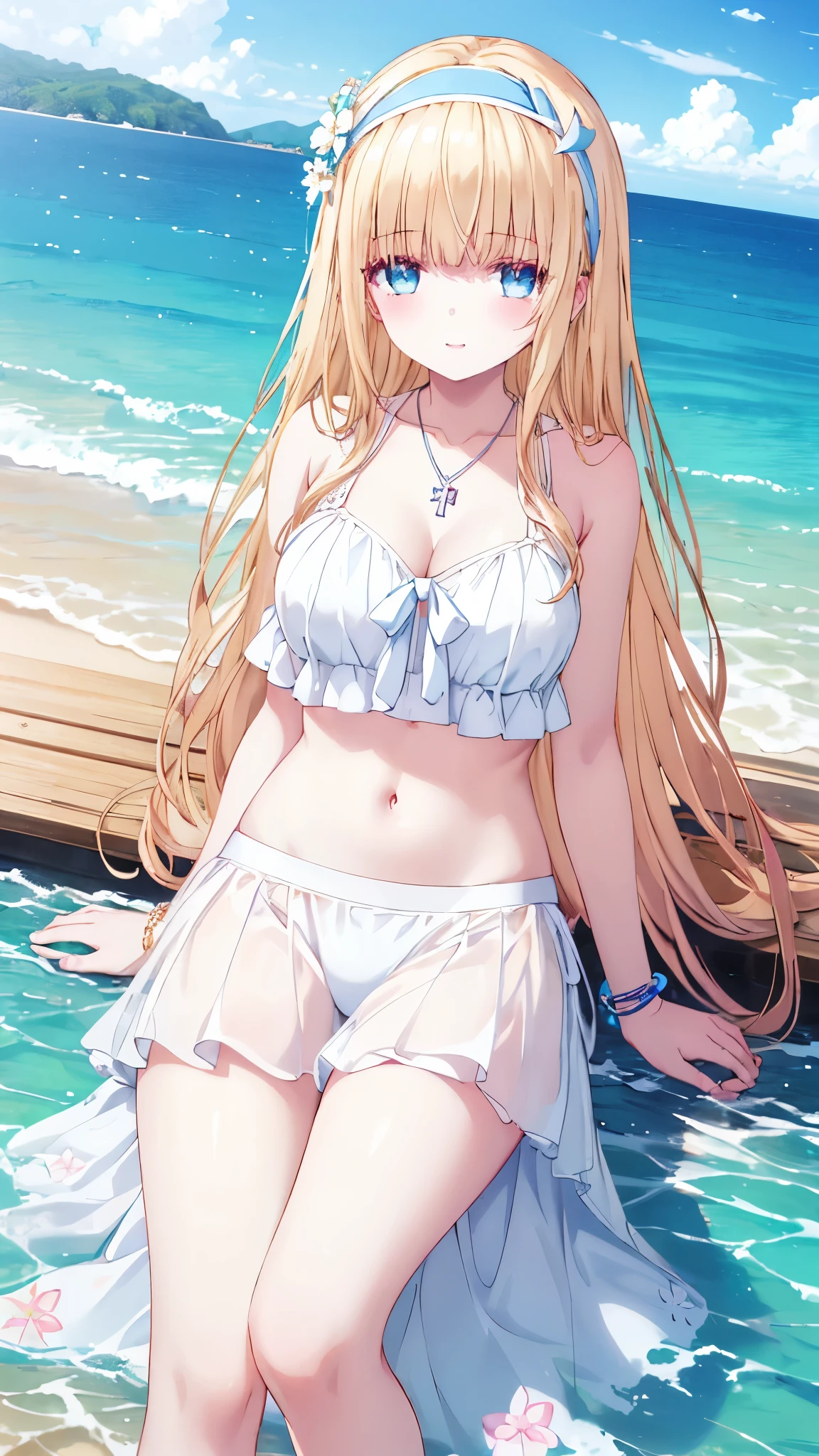 Marie Iraki、Good looking girl (blush, Perfect Face), independent , Looking at the camera, masterpiece, Anime art style, Cute Characters, Most detailed, high quality、Nico Nico Smile、She wears a sexy swimsuit、In underwear、Coming to the Sea、Show your armpits、Cat ear、Orange Hair