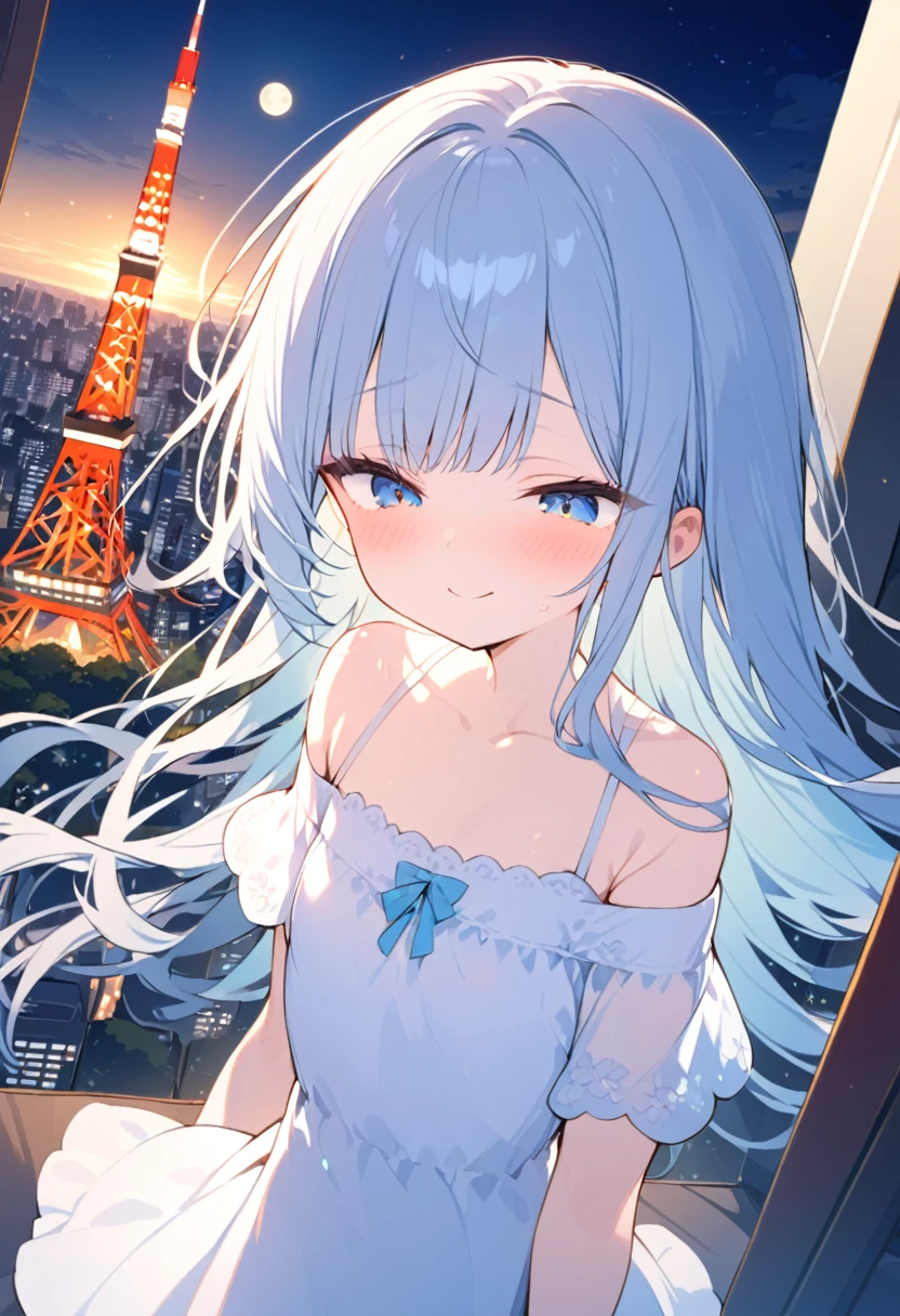 masterpiece, best quality, extremely detailed, (illustration, official art:1.1), 1 girl ,(((( light blue hair)))), ,(((( light blue long hair)))),light blue hair, ,((blush)) , cute face, big eyes, masterpiece, best quality,(((((a very delicate and beautiful girl))))),Amazing,beautiful detailed eyes,blunt bangs((((little delicate girl)))),(((tareme))),droopy eyes.(true beautiful:1.2), sense of depth,dynamic angle,,,shy, affectionate smile, (true beautiful:1.2),,(tiny 1girl model:1.2),)(flat chest),Absurd,High Resolution,Super Detailed,Texture,High Resolution,(1 Girl:1.3),(Upper Body),A scene of the view from Tokyo Tower, just after sunrise. The sky showed a beautiful contrast between the morning sun and the night sky.Night view,(Night view from Tokyo Tower) , Full Moon Night , entire city visible ,
