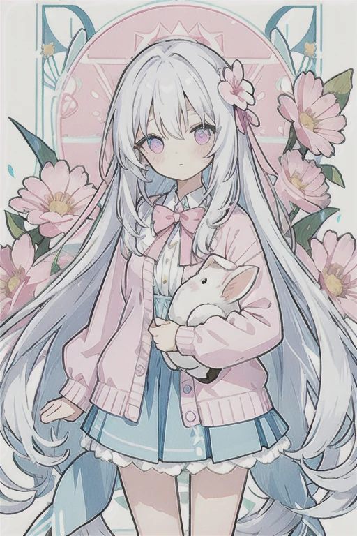 · Human · White hair 、Very long hair, light blue left eye、 right eye · pink eye · flower-shaped pupil · loose blouse · pink cardigan · light blue skirt · light blue ribbon attached to the collar · girl · cute · quiet · pink flower field · holding a stuffed rabbit · soft light · top quality