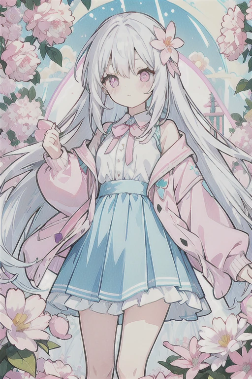 · Human · White hair 、Very long hair, light blue left eye、 right eye · pink eye · flower-shaped pupil · loose blouse · pink cardigan · light blue skirt · light blue ribbon attached to the collar · girl · cute · quiet · pink flower field · holding a stuffed rabbit · soft light · top quality