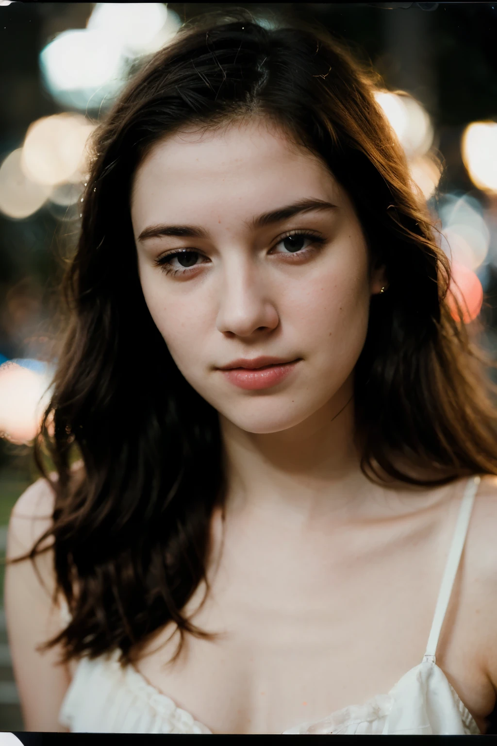 photo polaroïd, photo de nuit, photo de 24 ans.ô belle femme, peau pâle, bokeh, Flou de mouvement