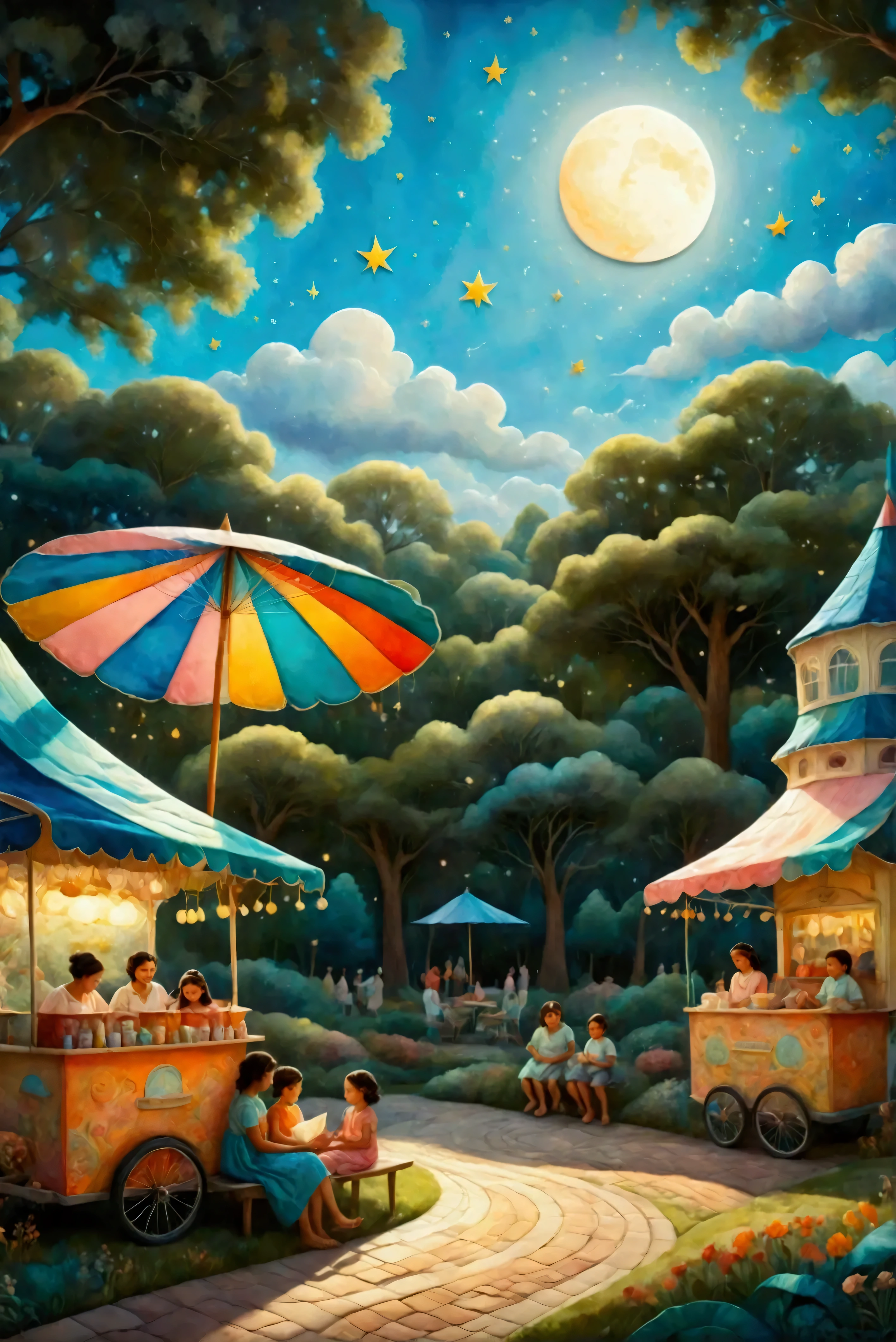 Design an idyllic storybook scene set in a sun-dappled corner of a tranquil amusement park, featuring a vintage ice cream cart surrounded by ren eagerly selecting their favorite flavors. The cart is painted in pastel hues with a whimsical umbrella overhead, emanating an air of playful nostalgia. Nearby, there are colorful hammocks strung between ancient trees, where families rest and enjoy their treats in the gentle shade. Birds are singing, and the soft sound of laughter fills the air, complementing the calm whisper of the summer breeze. A mother reads a story to her  in one of the hammocks, their faces basked in the warm sunlight that pierces through the leaves. This picturesque scene should evoke a sense of comfort and contentment, symbolizing the tender moments spent enjoying cherished family traditions.