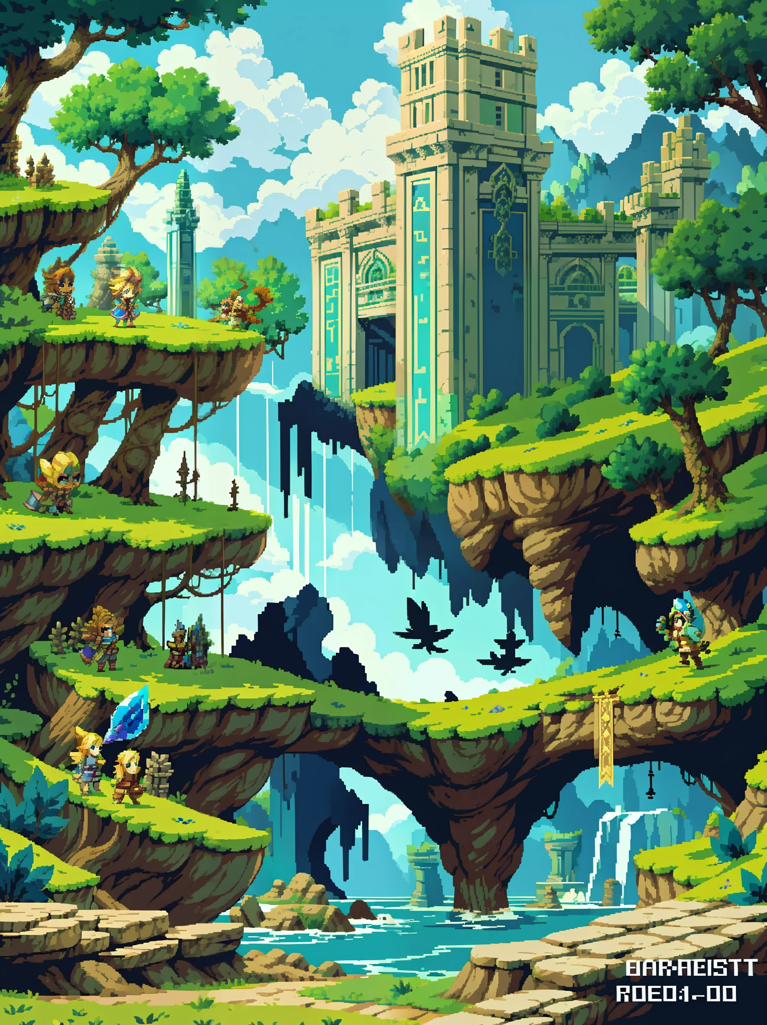 a beautiful scenery ,amazing landscape with misterious ruins and strange flying objects, rpg book cover, pixel art, secret of mana style, beautiful day, blue sky