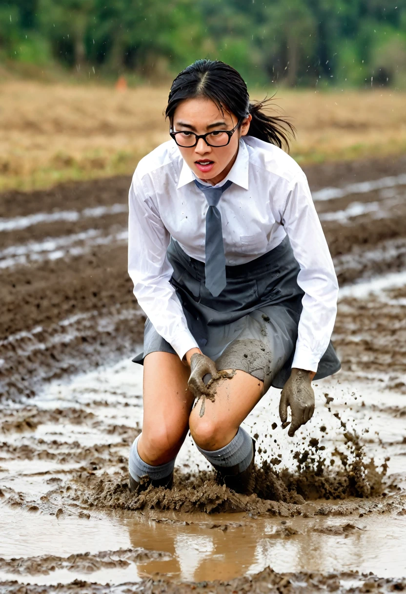 Create a dynamic and intense illustration of a **-****-*** asian woman,  white long-sleeved shirt to the wrist, gray skirt, gray tie, black shoes, knee-length socks, who fell in a muddy field. The scene captures the moment of touching the ground, sliding on a wet and rough surface. 

 wearing a white long-sleeved wrist-length shirt, gray skirt, gray tie, black shoes, knee-length socks, showing signs of impact with splashes of mud and dirt on his clothes. Their facial expressions (when viewed through glasses) reflect the shock and intensity of the fall. The background features a steep road under a cloudy sky which adds to the gritty atmosphere.

The overall picture should convey the high energy, danger and unpredictability of motocross racing, focusing on the early moments of the fall, with details highlighting the rider's endurance and the difficult racing conditions.