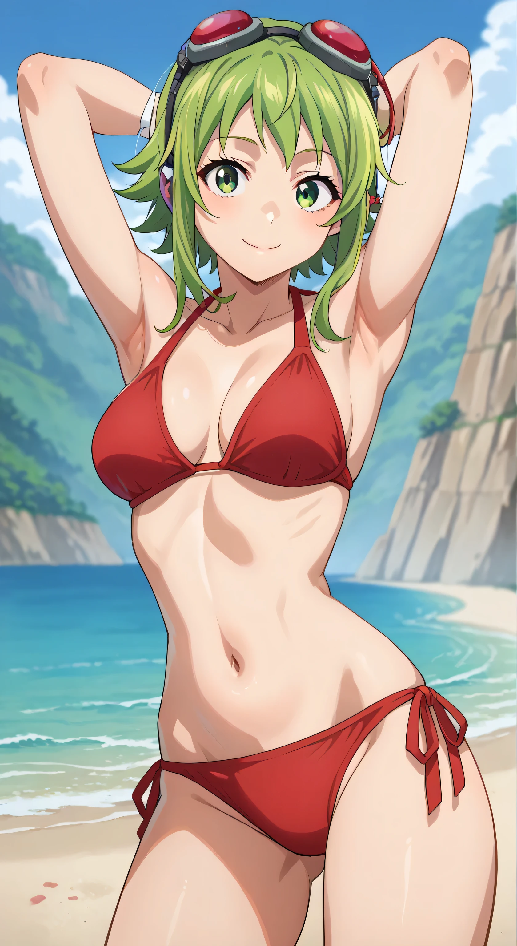 score_9, score_8_up, score_7_up, source_anime, anime screencap, outdoors, day, beach, gumi, green eyes, green hair, medium hair, sidelocks, goggles, goggles on head, headphones, red goggles, bikini, side tie bikini, thighs, looking at viewer, head towards viewer, arms behind head, armpits, smile, closed mouth,