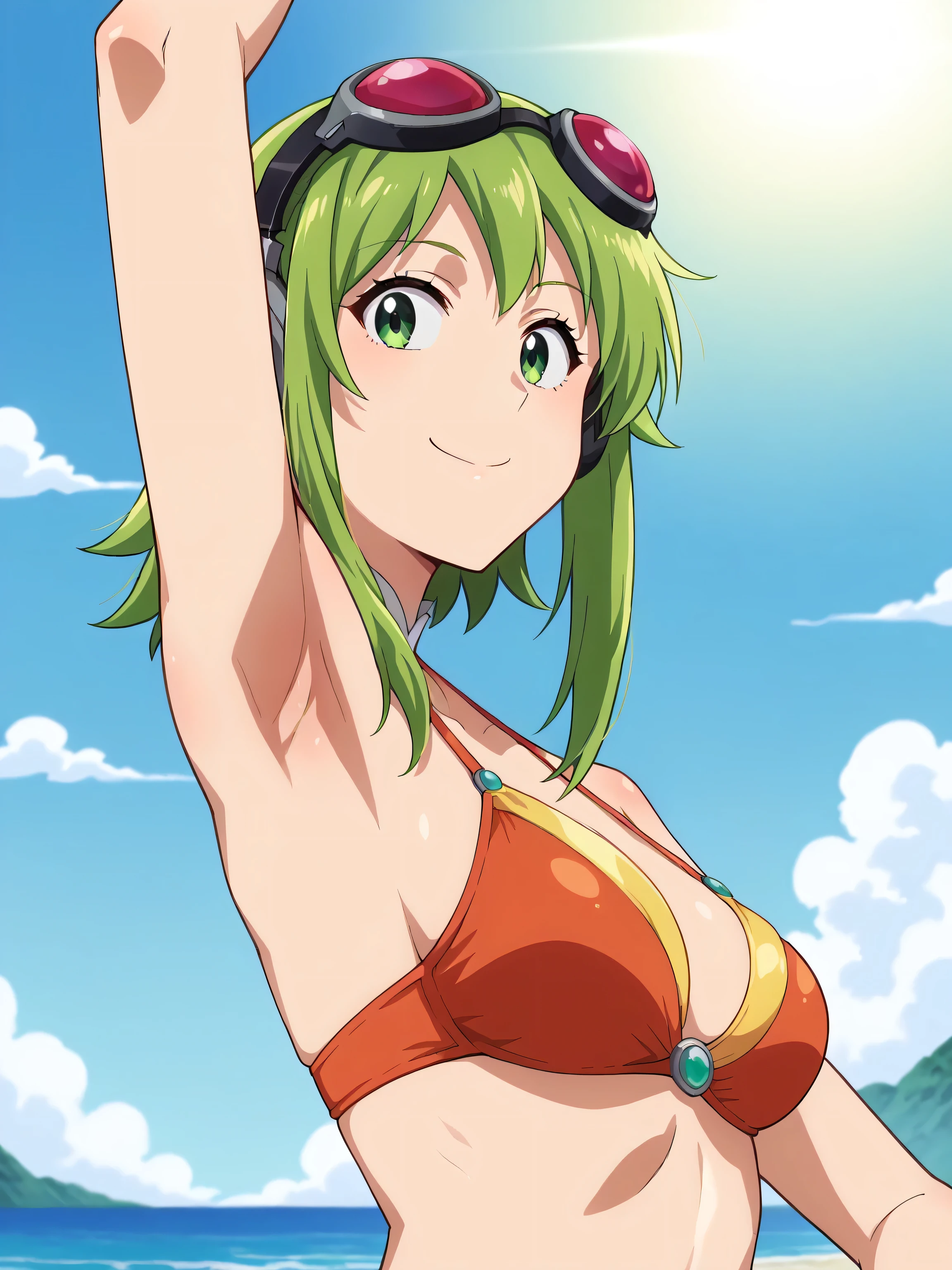 score_8_up, score_7_up, source_anime, anime screencap, outdoors, day, beach, gumi, green eyes, green hair, medium hair, sidelocks, goggles, goggles on head, headphones, red goggles, bikini, looking at viewer, head towards viewer, arm up, raised arm, armpit, smile, closed mouth, from side, from below 