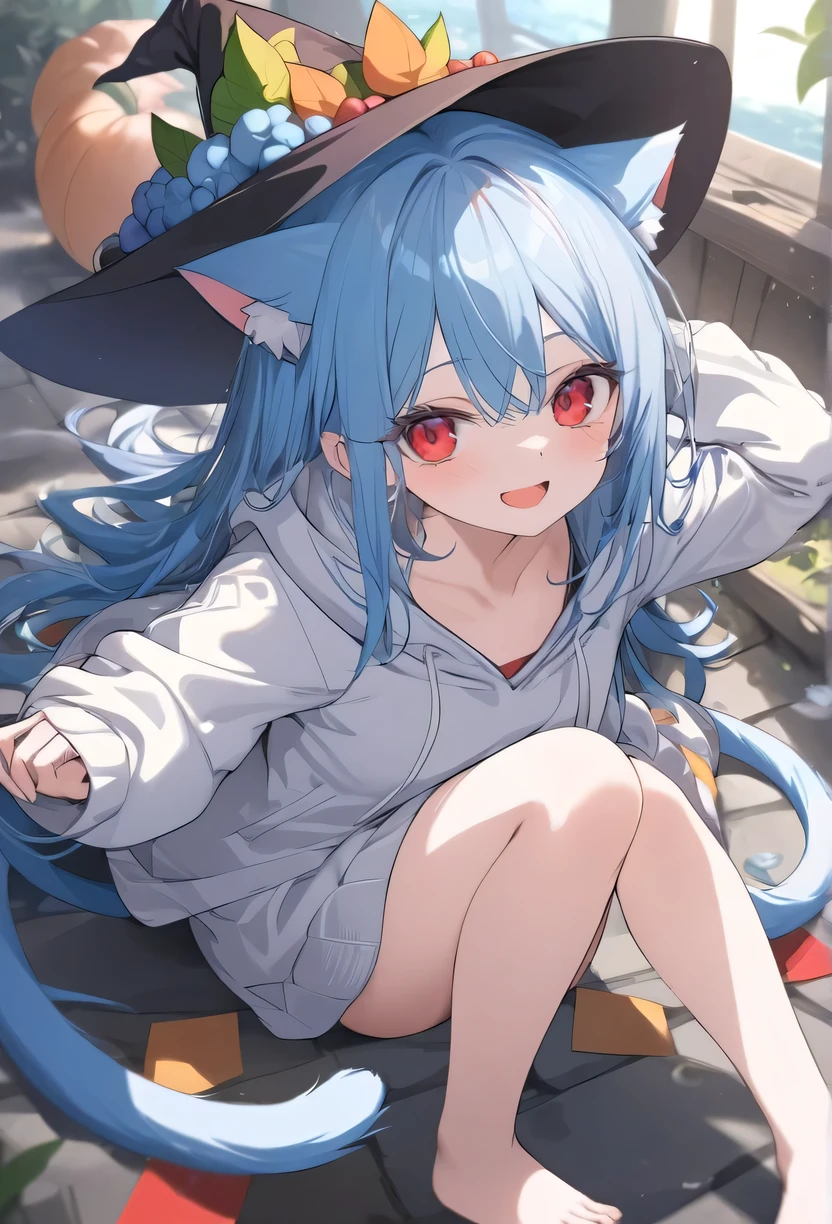 masterpiece，high quality，best quality，official art，Beautiful and picky，Very detailed（Fractal Art 1.2），Gorgeous and colorful，most detailed，a girl，Expressionless，long bangs，bright red eyes，pale albinism，barefoot，Wearing a pure White hoodie，Wearing a jacket that is not the right size，wearing witch hat，cat ears. blush, open mouth, double tail, blue hair/water blue hair，looking at the audience, happiness/happiness, Smile, 