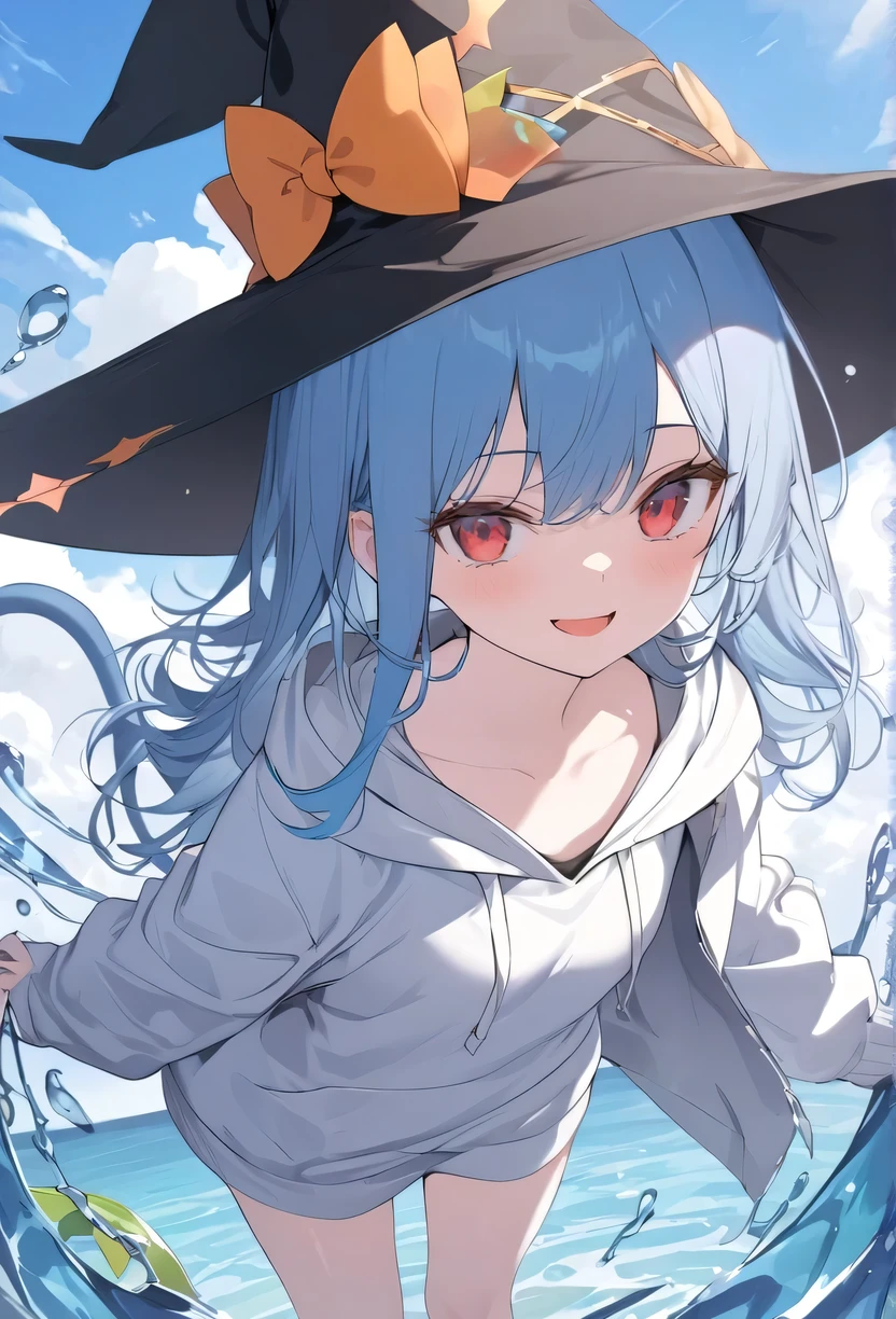 masterpiece，high quality，best quality，official art，Beautiful and picky，Very detailed（Fractal Art 1.2），Gorgeous and colorful，most detailed，a girl，Expressionless，long bangs，bright red eyes，pale albinism，barefoot，Wearing a pure White hoodie，Wearing a jacket that is not the right size，wearing witch hat，cat ears. blush, open mouth, double tail, blue hair/water blue hair，looking at the audience, happiness/happiness, Smile, 