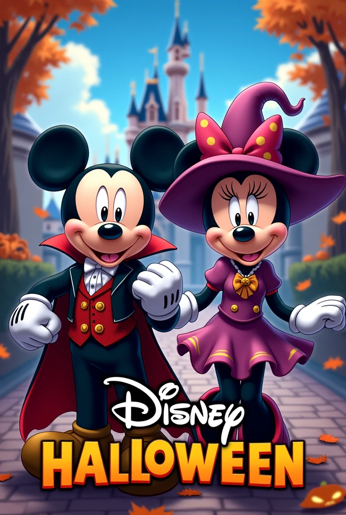 anime Style, poster, Mickey and Minnie are wearing fashionable costumes with Halloween motifs, the words "Disney" and "Halloween",Tokyo Disneyland park in the background.