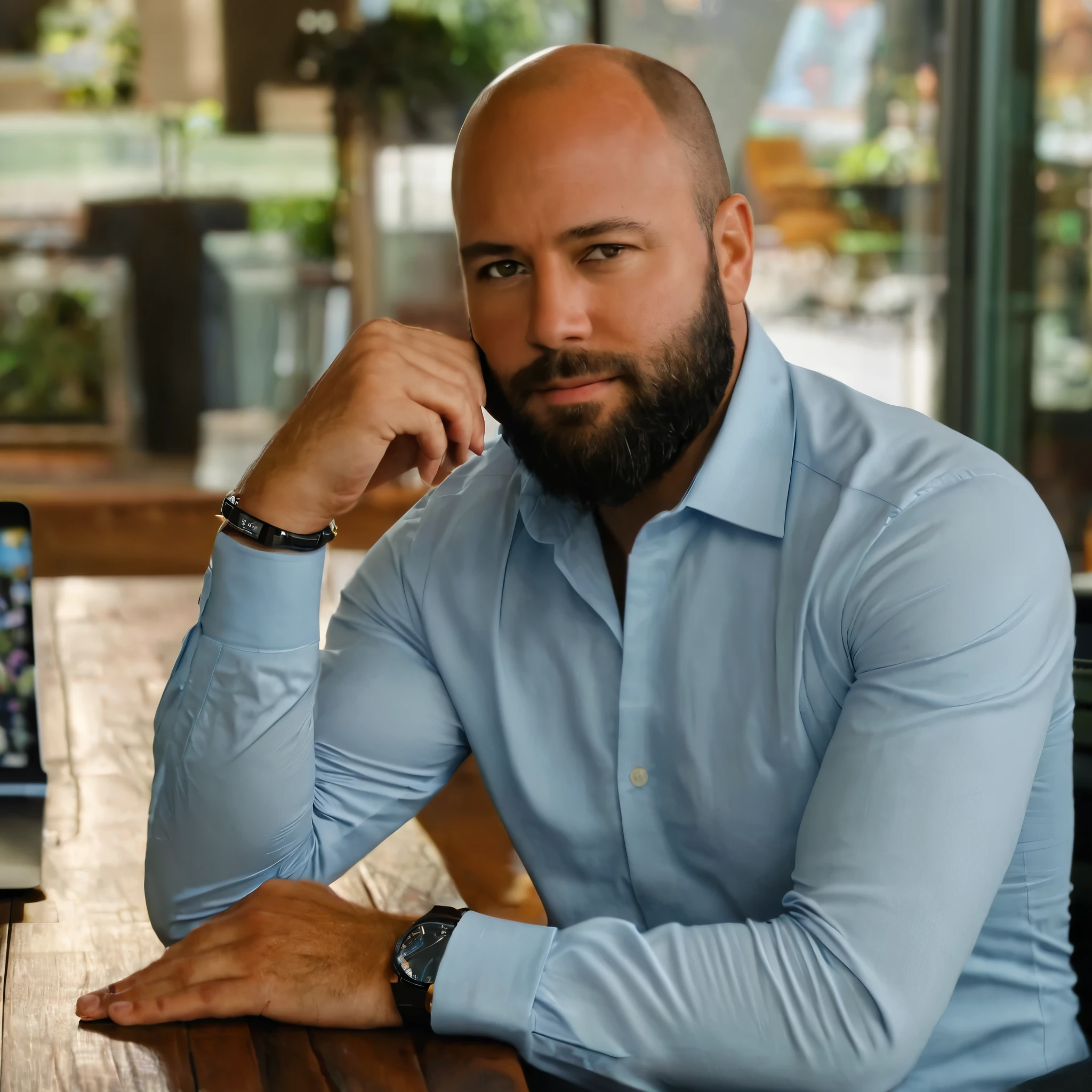 Uma foto hiper realista, 8k, obra prima, boa iluminação, foto de estúdio, homem com barba e bigode olhando para o espectador com uma postura confiante e expressão que transmite profissionalismo, Rosto com barba, barba cheia, barba alinhadas, homem com barba, a barba está bem aparada, barba bem cuidada, barba detalhada, olhos verdes, pele clara, cabelo extremamente baixo com corte feito a máquina, {foto para perfil profissional no LinkedIn, ((com blusa social)):1.5}A hyper realistic photo of a man with no wrinkles and a confident posture is sitting at a table in front of a laptop. A true masterpiece, He has a strong and imposing appearance that exudes confidence {looking at the viewer:1.5}. He has light green eyes with some brown streaks, a partially bald head and a ((full, well-groomed beard without gray hairs)), which contributes to a robust, sophisticated and professional look. His facial expression is neutral but calm, and he has his hands close to his face, in front of his body, with his elbows resting on the table, in a contemplative pose. {He is wearing a long-sleeved dress shirt in a dark blue but grayish color:1.5}, close-fitting to the body, with buttons that give a modern and elegant touch to the look. The watch he wears on his left wrist appears to be of high quality, with a black leather strap. The setting is an indoor environment of a coffee shop, with warm and soft lighting in the background, creating a cozy and professional atmosphere.