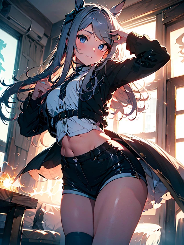 ​(ultra high res, ultra detailed, high resolution, highly detailed, 4k, 8k), an extremely delicate and beautiful, masterpiece, high-level image quality, hightquality, MejiroMcQueen, silver hair, long hair, horse ears, horse girl, a youthful appearance. She has a confident smirk on her full lips and a spark of mischief in her green eyes, tight black shorts that show off her firm ass, bent over,