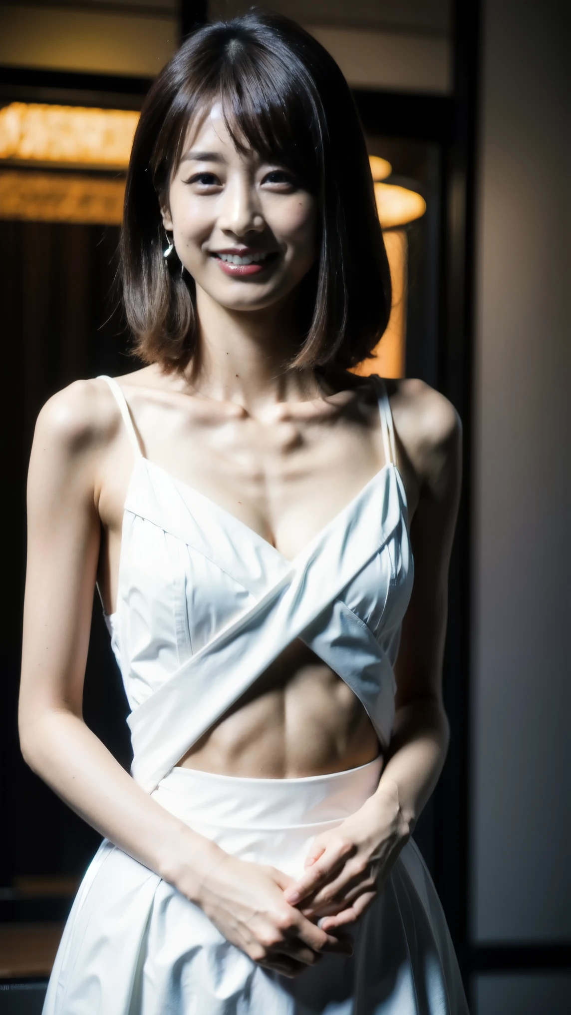 Photograph of an anorexic emaciated extremely skinny Vietnamese female model, the camera is looking down from above model, show full height of model from toes up, she is kneeling on a bench in front of a beige wall, she is looking at the camera, her legs are spread open, her knees are apart, her body is wet with sweat, her hair and body are soaking wet, wide diamond neck choker 12 inches wide, beautiful colored necklace, show breasts, show legs, she has a big smile, her teeth are showing, medium sized breasts, long black strait hair in pigtails, large hoop earings, bright red lipstick, incredibly skinny body, extremely skinny body, emaciated body, tiniest waist ever, well-defined collar bones, well-defined hip bones, well-defined ribcage, extremely skinny arms and legs, weak and fragile body, masterpiece, anatomically correct, textured skin, super detail, high details, high quality, best quality.