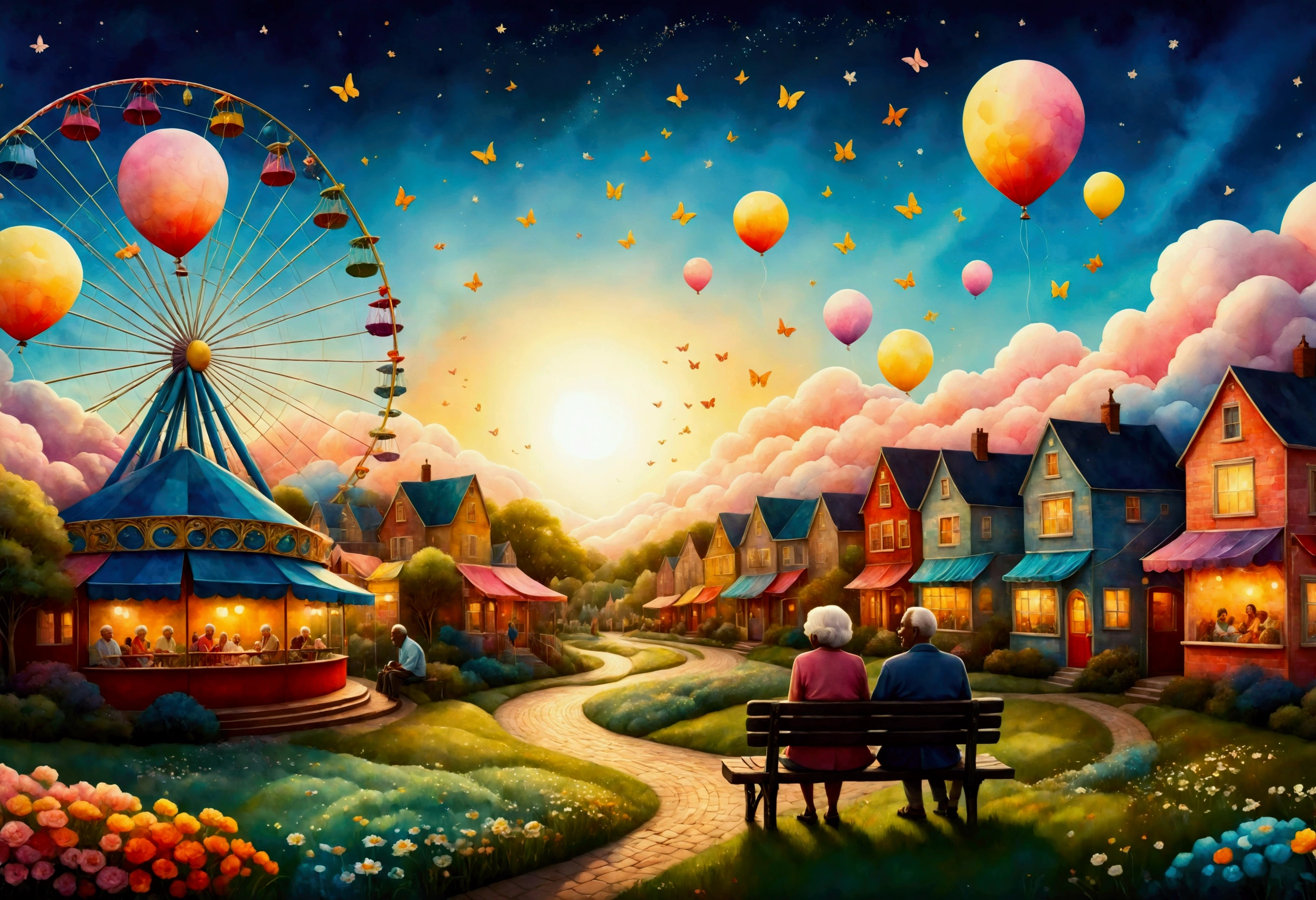 Create an illustration for a storybook that depicts a magical carnival setting. The scene centers around a giant, multicolored ferris wheel with elegantly detailed gondolas, gently spinning against a backdrop of a clear, serene sky at sunset. Floating around the ferris wheel are clusters of large, vibrant balloons in red, blue, yellow, and pink, their strings held by ren of various ethnicities, all smiling and laughing. The foreground features a grassy area dotted with daisies and butterflies fluttering by. A friendly older couple is sitting on a nearby bench, sharing cotton candy, as the warm glow of the setting sun bathes the entire scene with a comforting golden hue. The illustration should convey a feeling of nostalgia and joy, where everything feels perfect, simple, and filled with wonder.