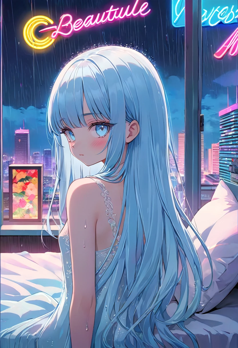 masterpiece, best quality, extremely detailed, (illustration, official art: 1.1), 1 girl,view of bedroom with bed and big open window with miami city side , bayside market at night, neon lights, miami vice vibes , after rain ideal vintage ,night vibe, Hawaii, (back view),1 girl, (illustration, official art: 1.1),  ,(((( light blue hair)))), ,(((( light blue long hair)))),light blue hair, ,((blush)) , cute face, big eyes, masterpiece, best quality,(((((a very delicate and beautiful girl))))),Amazing,beautiful detailed eyes,blunt bangs((((little delicate girl)))),(((tareme))),,(tiny 1girl model:1.2),)(flat chest),

