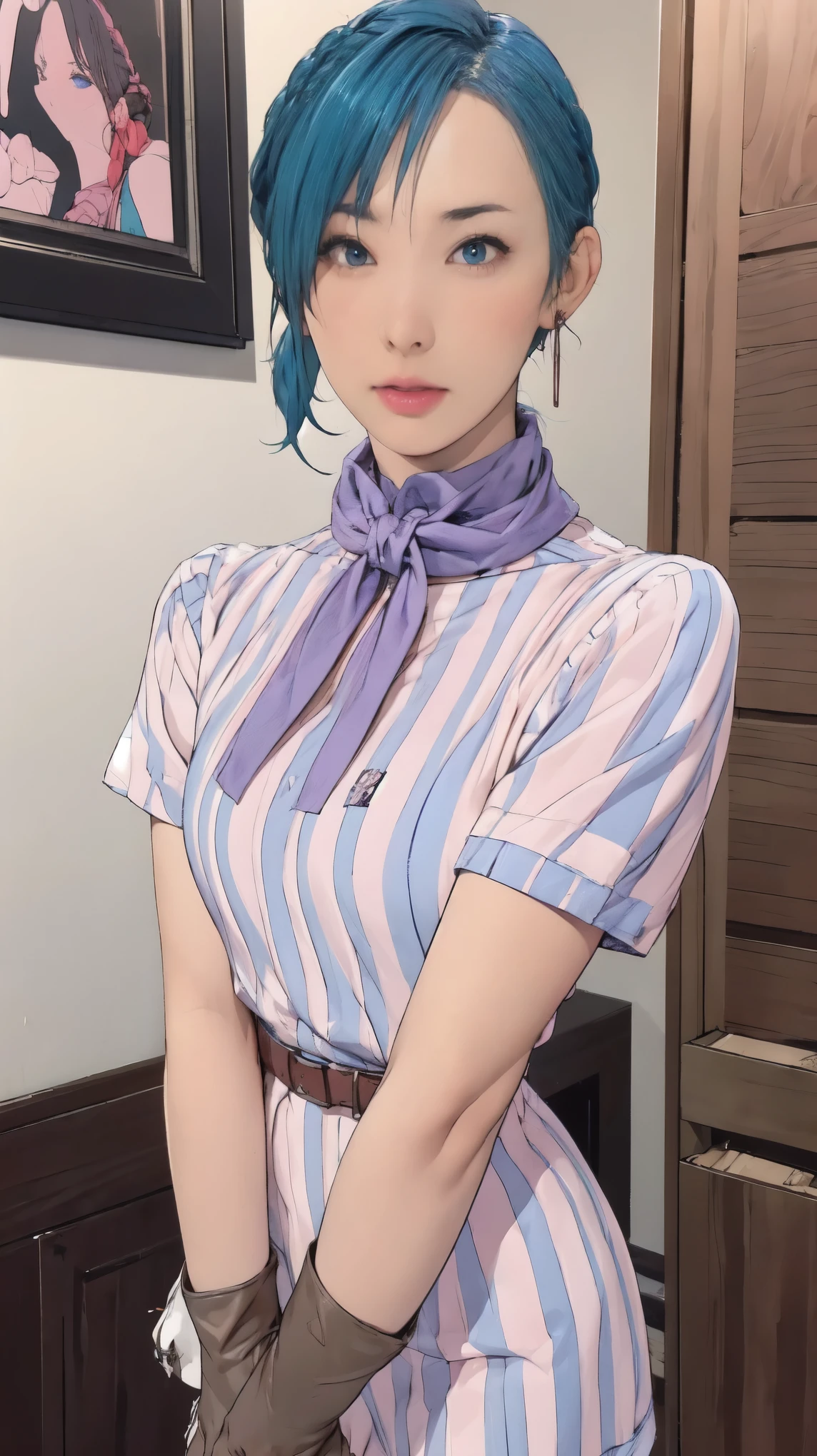 (masterpiece, Best Quality), 1 girl , Bloomers, 1 girl , Alone, blue eyes, Blue Hair, Aqua Hair, single braid, Grungy Back Alley , hair ribbon, Red ribbon, Hair Ribbon, Earrings,, Short dress, Pink Dress, Vertical striped dress, Short sleeve, belt, clothes writing, Brown gloves, One-handed gloves, Purple scarf,