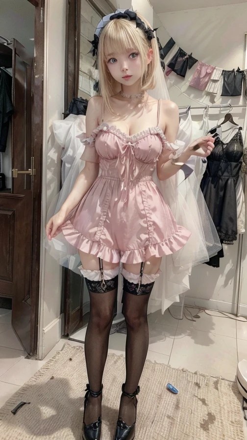 Indian Girl, pink there, soft body,  Super Detailed Face, Super well-formed face, of the highest quality, a small face, small head, Brown hair, Slender body, wearing pink french maid dress ,bunny pink satin hairband,Camera gaze, Internal Mechanical Exposure, Idol, front facing, Well-proportioned body, sale, Exhibited,  Hall, Moe Pose, anime french maid dress,carring pink heels in hand,Standing with legs open, Model body type, sad, 