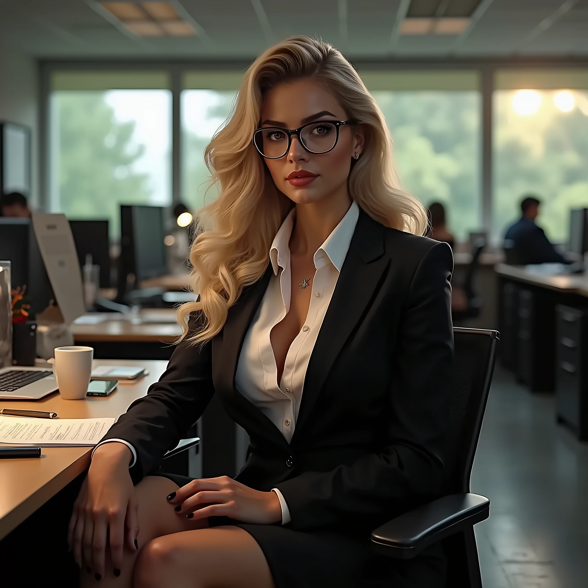 (photorealism:1.2), beautiful female teen, sitting on bed, wearing black blazer with no clothes underneath, smiling, black cotton miniskirt, long curly blonde hair, indoors, secretary aesthetic, soft lighting, modern office in a skyscraper, relaxed pose on mahogany desk, realistic, intricate details, warm colors, by Russell James