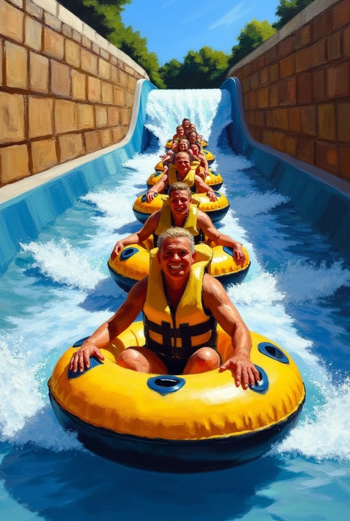 An EdwardH0pp3r style oil on canvas painting of a group of people riding yellow inflatable tubes down a water shute at an amusement park. POV of the people coming down the water shute towards the camera, with blue water and white water rapids, and is flanked by a stone wall on either side. The people are wearing life jackets and appear to be enjoying the ride. In the background, there are trees and a blue sky.