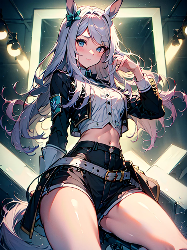 ​(ultra high res, ultra detailed, high resolution, highly detailed, 4k, 8k), an extremely delicate and beautiful, masterpiece, high-level image quality, hightquality, MejiroMcQueen, silver hair, long hair, horse ears, horse girl, a youthful appearance. She has a confident smirk on her full lips and a spark of mischief in her green eyes, tight black shorts that show off her firm ass, bent over, looking at viewer, seductive model posing,