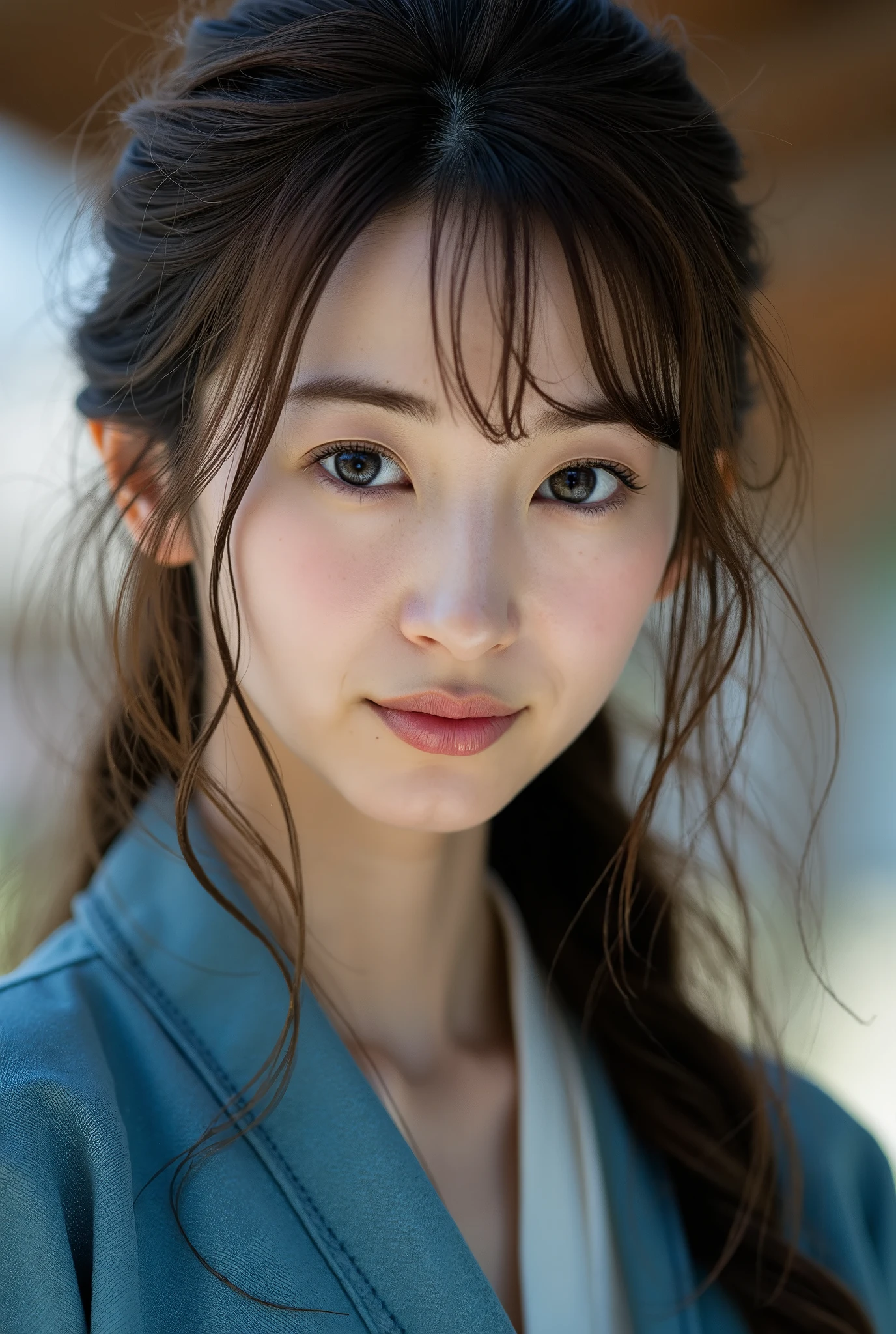 (best quality,highres,ultra-detailed),((portrait )),A photo of 1 slender beautiful Japanese Woman,beautiful detailed eyes,beautiful detailed lips,extremely detailed face,longeyelashes,soft smile,flowing hair,natural lighting, wearing a shallow sky-blue Robe with hood, black medieval dress, 