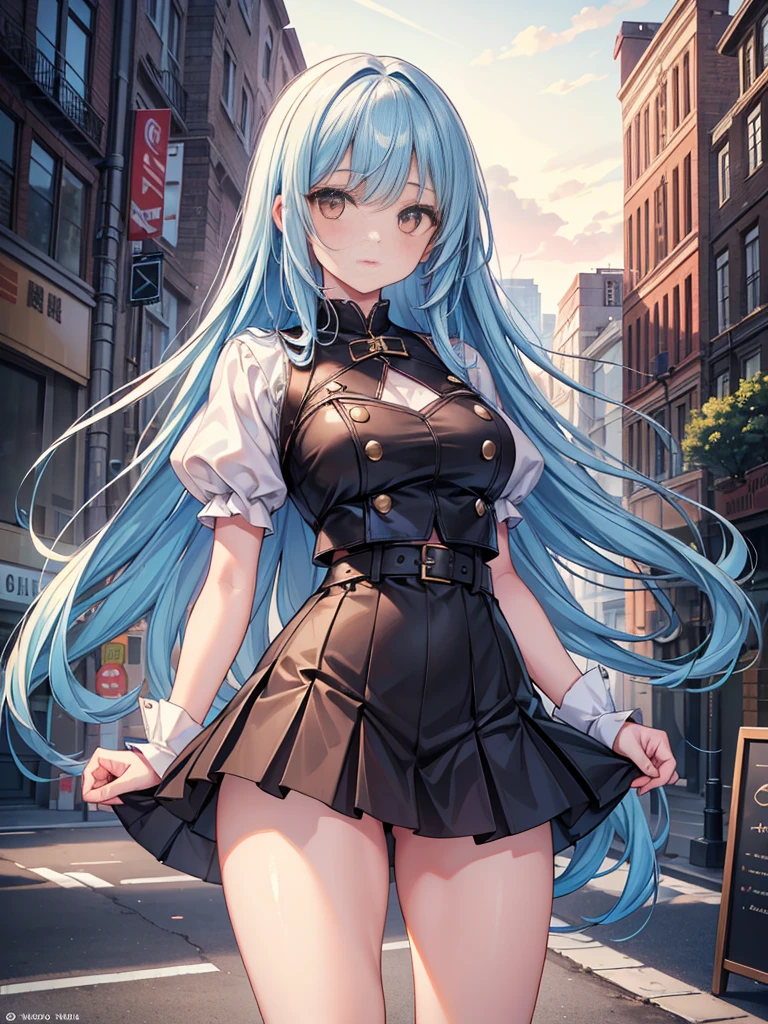 (masterpiece, high quality:1.2:), (vibrant hues:1.0), (Delicate and beautiful eyes),black miniskirt, Shoulder-cut V-neck top, (En Ayukawa, long blue hair), (huge breasts), thin waist, whole body, Looking up at the lens sky, stop, busy street, Red high heels and black stockings