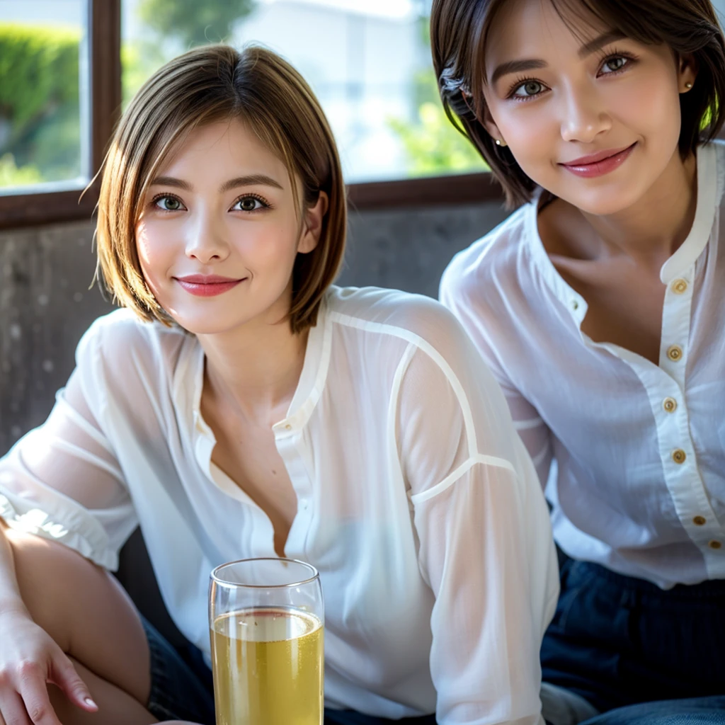 ((Highest quality、8k、masterpiece:1.3))、slimカップル、modelカップル、(Realistic, Intricate details:1.2), sashimi、Tempura、Japanese sake、Shochu 、Amazing view of the sunset sky and clouds、A bright smile、The wonderfulness of smile、Bright image、The beauty of wine, Beautiful Face, blue eyes, The light shines on your face, blush, short hair,Bright Face、 (Age 37), 39 years old, sparkling wine、Two beauties、Brown Hair、Shortcuts、Long sleeve shirt、dress、Beautiful woman 1, (slimな顔), (The body is slim), (Brown Hair), (Shortcuts), cheeks turn a little red,Attractive beauty、restaurant, In a prominent place (From the waist up) Nova Frog Style, actress, model, Upper Body, White wine, slim, smile, (smile: 1.15), Beautiful fine grain, Depth f/2,saturation, High Contrast, Strong light and shadow,Moist Body:1.5、3D texture、Delicate eyes、Brown Hair、The hair is very shiny、