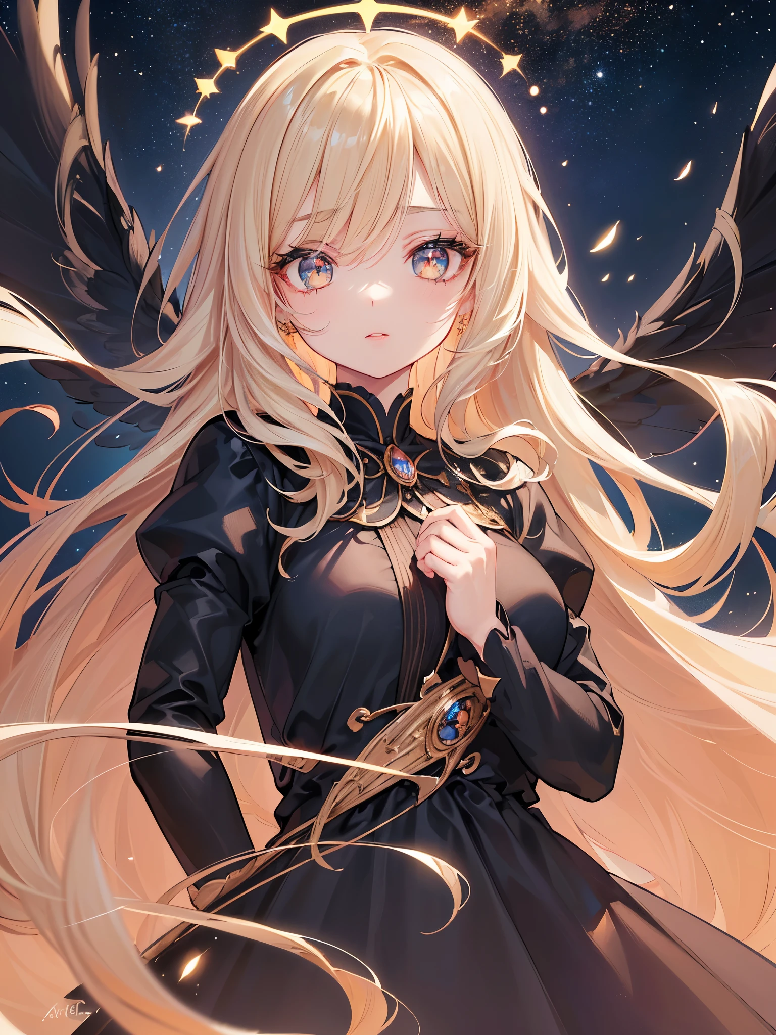 (Best Quality, 8k, CG, Beautiful Upper Body Details , , , Taffeta coat dress, Space Background, Complex facial features, Long flowing hair, Almond-shaped eyes, Elaborate eye makeup, Long Fluttering Lashes , Big Eyes Sparkling Starry Eyes , Exquisite lip detail, Soft and Harmonious Style),Queen of the Universe,god々queen's,Gentle expression,A soft look,Light pink hair,Gold decoration,Smiling face,