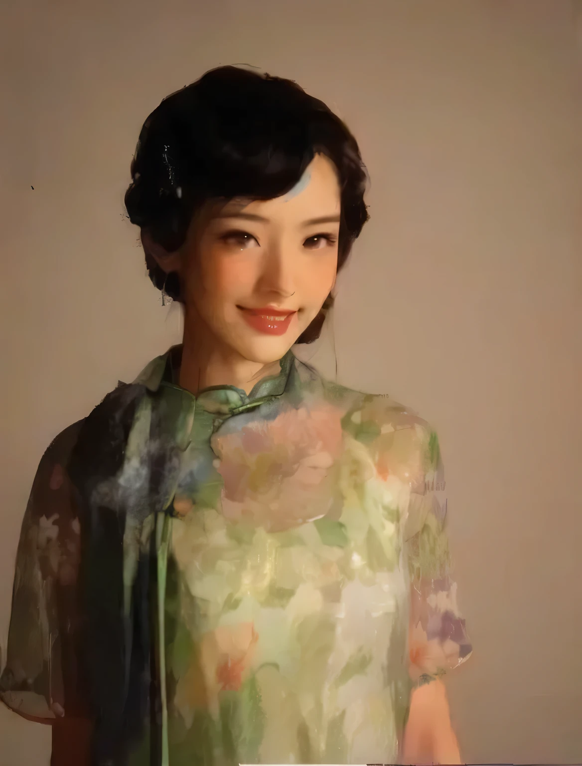 Beautiful lady , cheongsam, Black curly hair