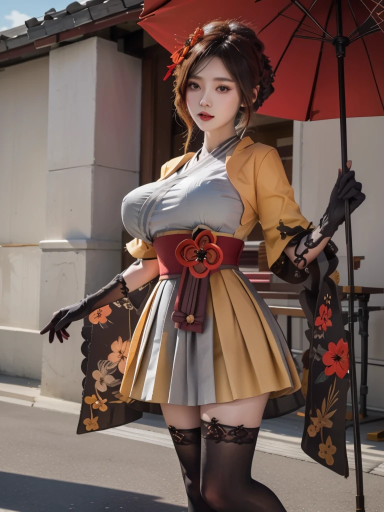 girl, solo, full body, from head to toe, standing , (Huge_Breasts:1.3), chiori, 1girl, brown hair, drill hair, hair ornament, hair flower, flower, red eyes, elbow gloves, short sleeves, wide sleeves, japanese clothes, kimono, pleated skirt,dress, black thighhighs, kimono, gigantic breasts