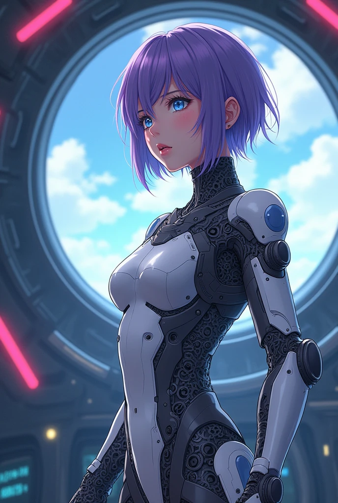 (full body photo:2), (one/woman/mechanic:1.8), (extremely large breasts:1.8), (all mechanical body:2), (with bionic armor:1.5), white with black gears, (she is inside a spaceship near the window seeing outer space:1.5), (she has very short purple straight hair:1.2), (blue eyes:1.2), (moaning:1.5), (blush:1.5), (is doing sensual poses standing up for the viewer:1.5), anime style, Anime, 16k, high quality, textured skin, UHD, award-winning