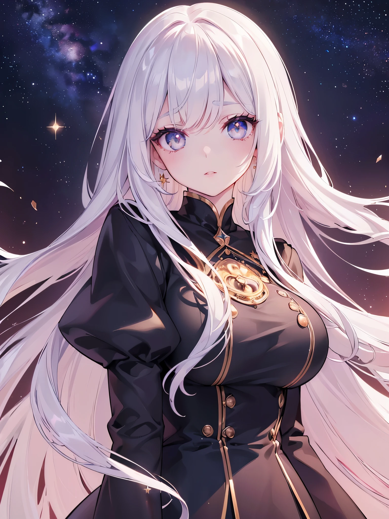 (Best Quality, 8k, CG, Beautiful Upper Body Details , , , Taffeta coat dress, Space Background, Complex facial features, Long flowing hair, Almond-shaped eyes, Elaborate eye makeup, Long Fluttering Lashes , Big Eyes Sparkling Starry Eyes , Exquisite lip detail, Soft and Harmonious Style),Queen of the Universe,god々queen's,Gentle expression,A soft look,Light pink hair,Gold decoration,Smiling face,