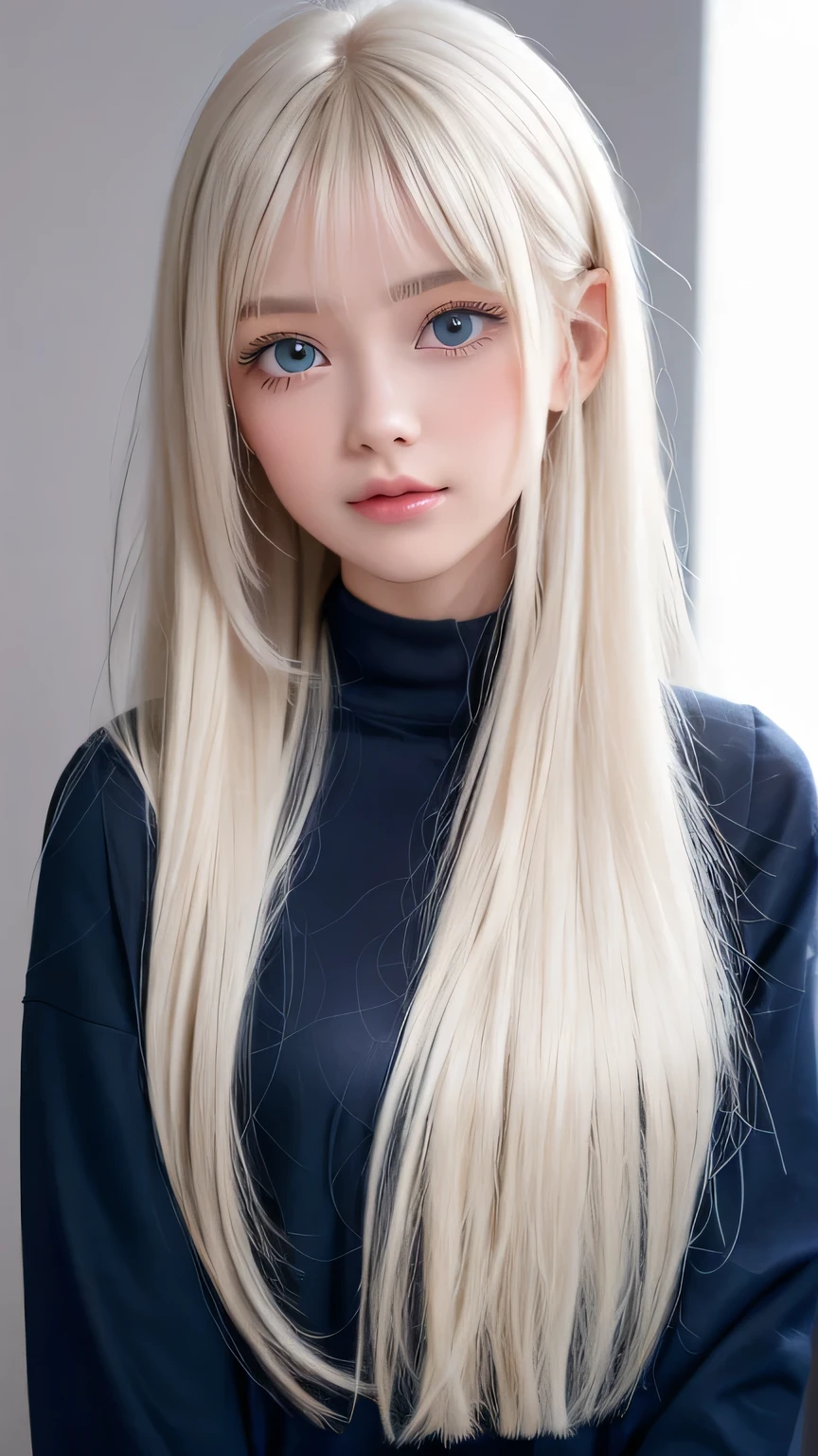  platinum blonde hair is super long, straight, stringy hair、Polate、School uniform、Bright expression、 ponytail、 young, white and shiny skin 、Great looks、Shiny bright hair、Shiny, beautiful bangs、double eyelid、Eyeliner、 clear, big blue eyes ，It shines with enchanting light 、Small Face、 very nice cute cute 18 year old Eastern European girl 、 big bust