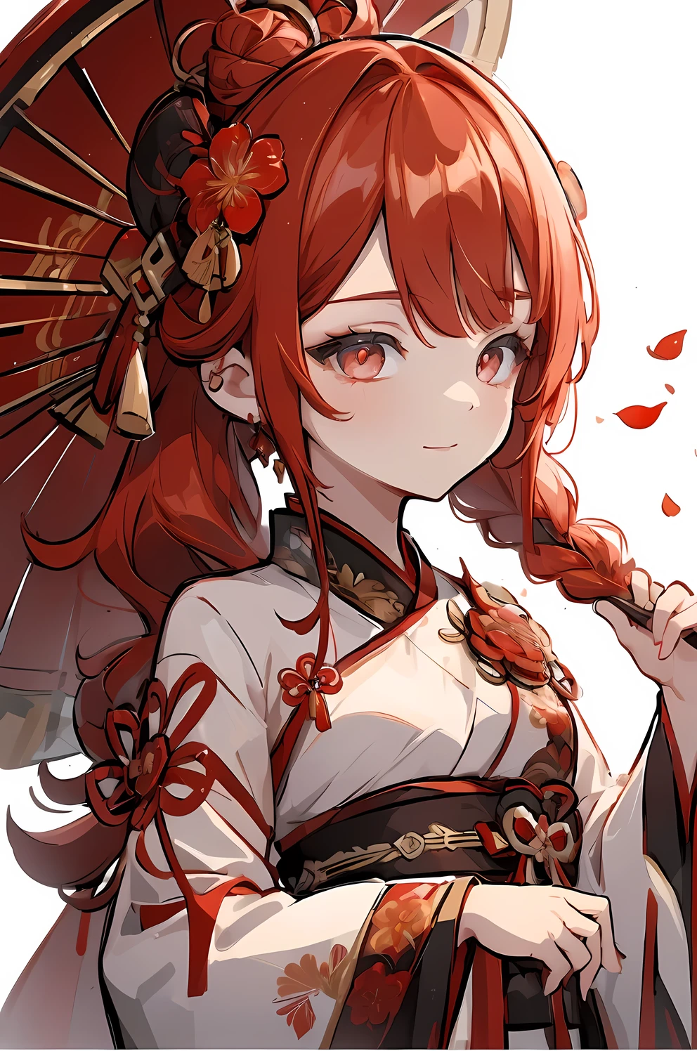 ((masterpiece)), accurate, textured skin, ((super detail)), high quality, high details, highres, best quality, chibi, 2 heads, deformed character, red hair, hair bun, Traditional Chinese clothing, Hanfu, floral costume, hairpin, red hair, hair bun, bright pupils, happy, laughing