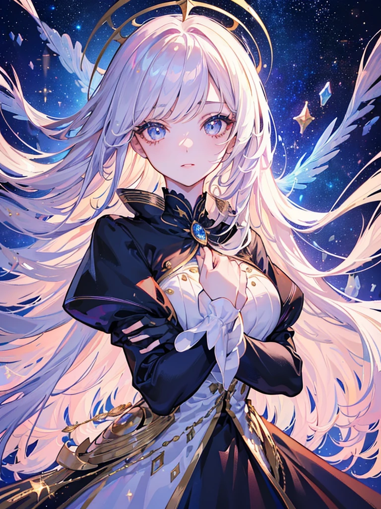 (Best Quality, 8k, CG, Beautiful Upper Body Details , , , Taffeta coat dress, Space Background, Complex facial features, Long flowing hair, Almond-shaped eyes, Elaborate eye makeup,  Long Fluttering Lashes ,  Big Eyes Sparkling Starry Eyes , Exquisite lip detail,  Soft and Harmonious Style),Queen of the Universe,god々queen&#39;s,Gentle expression,A soft look,Light pink hair,Gold decoration,Smiling face,