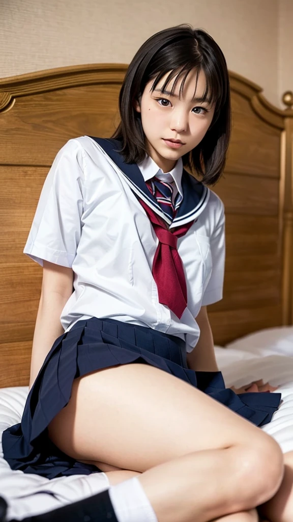 (masterpiece:1.2), super high quality, japanese girl, (super realistic), (super photographic style), 1girl, (18 years old), large tits, (((school uniform))), lying on her back to a bed, head on the pillows, ((legs spread)), cute like a model, 