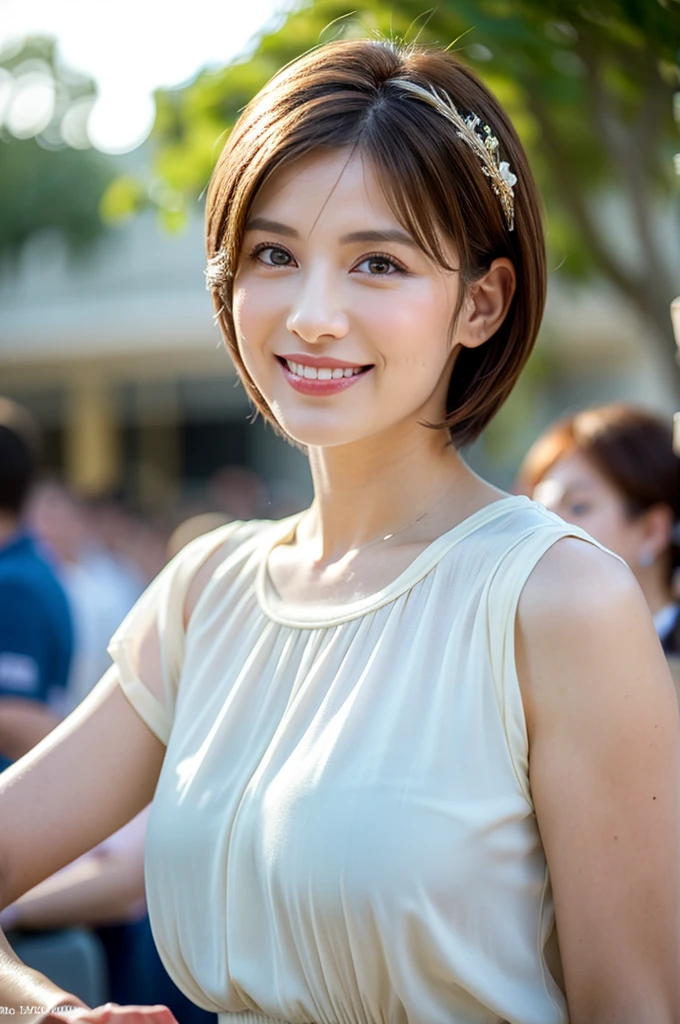 a woman posing on the street corner with light blue dress on, best quality, 1girl, large breasts, day, bright, blur background, bokeh, outdoor, (street:0.8), (people, crowds:1), (lace-trimmed dress:1.5, sleeveless dress, light blue clothes, light blue high-neck dress:1.2, blue dress: 1.5), gorgeous, (short hair, forehead:1.2), beautiful detailed sky, earrings, (dynamic pose:1.2), (upper body:0.8), soft lighting, wind, shiny skin, smile,