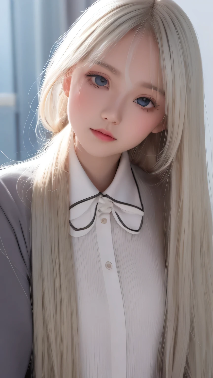 platinum blonde hair is super long, straight, stringy hair、Polate、School uniform、Bright expression、 ponytail、 young, white and shiny skin 、Great looks、Shiny bright hair、Shiny, beautiful bangs、double eyelid、Eyeliner、 clear, big blue eyes ,It shines with enchanting light 、Small Face、 very nice cute cute 18 year old Eastern European girl 、 big bust
