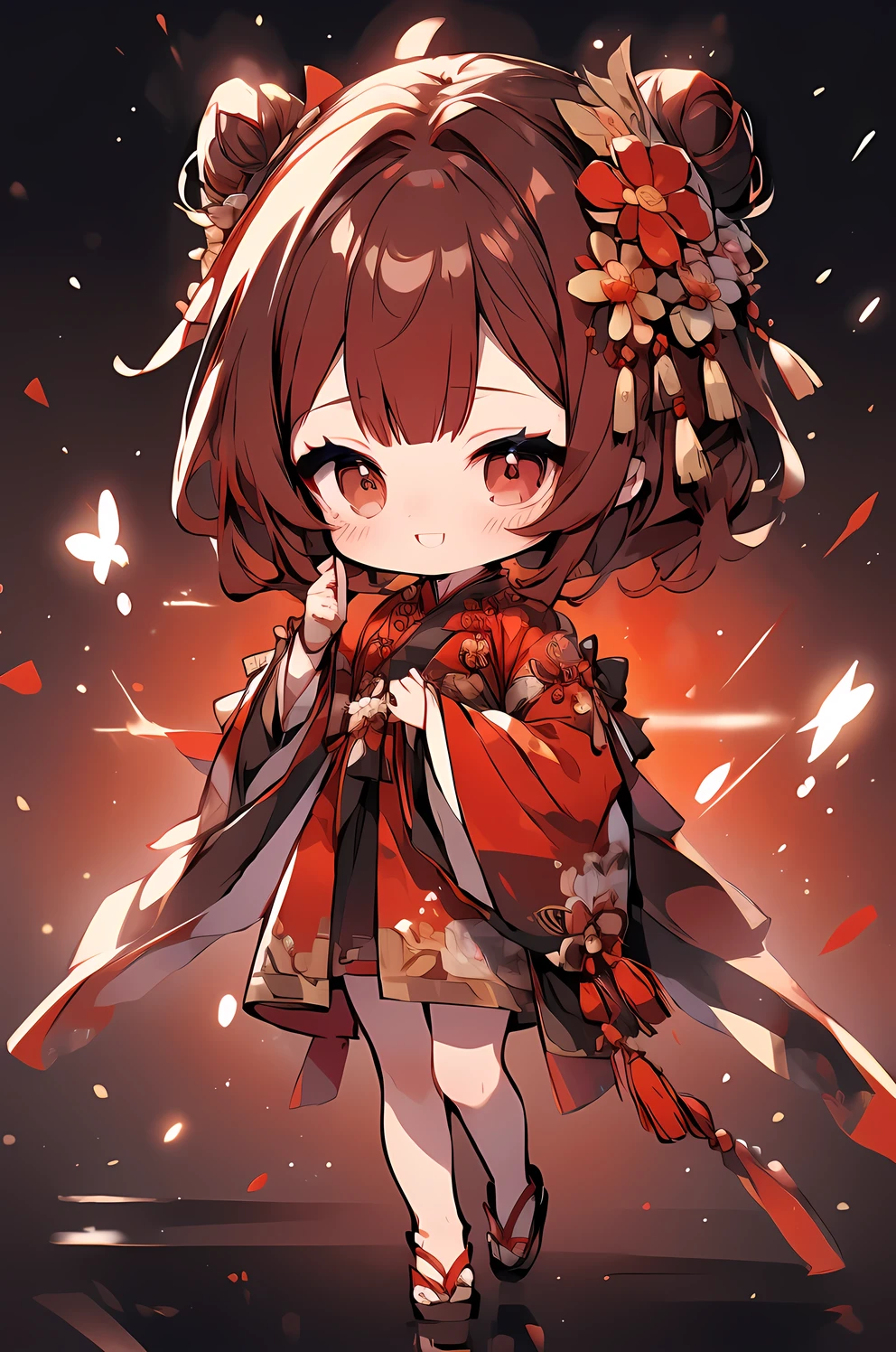 ((masterpiece)), accurate, textured skin, ((super detail)), high quality, high details, highres, best quality, chibi, 2 heads, deformed character, red hair, hair bun, Traditional Chinese clothing, Hanfu, floral costume, hairpin, red hair, hair bun, bright pupils, happy, laughing