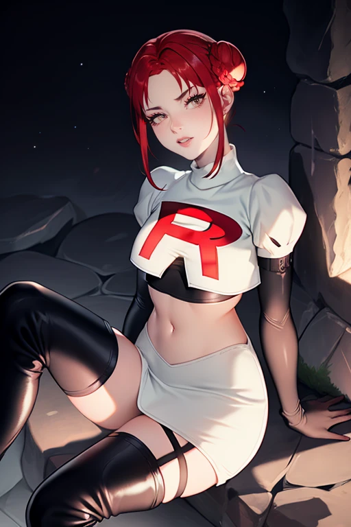 feMonica, hair bun, braid,red eyes ,glossy lips ,team rocket uniform, red letter R, white skirt,white crop top,black thigh-high boots, black elbow gloves, evil smile, sitting down ,legs crossed, night sky background