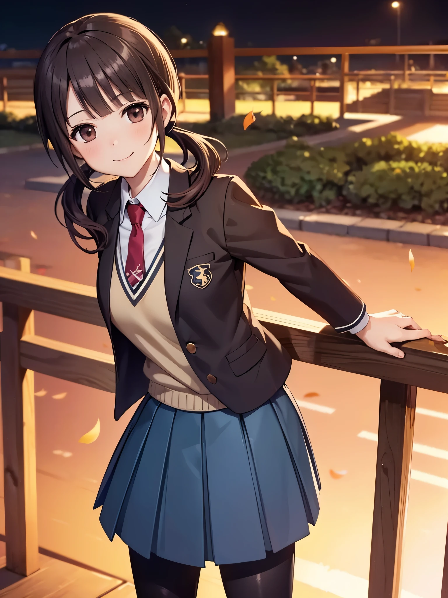 (16k,Ultra-high resolution,Best Quality,masterpiece, very detailed,Extremely clear CG),Okinawa looking back at the camera, low twintails,Anatomically correct body, very detailed顔の特徴, Beautiful and perfect face,brown jacket, red necktie, yellow sweater vest, blue skirt, pantyhose,Park in the evening,Vivid autumn leaves,sunset,Perfect Eyes,Place your arms behind your back.:1.3, angle from above ,Looking at the camera,Smiling at the audience,red cheek,Enoshima,Photographing the back