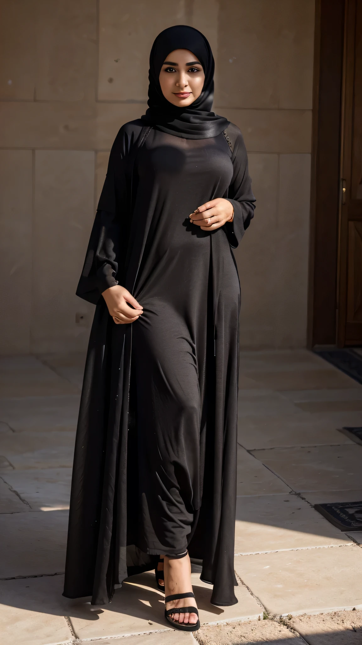 A very high-quality photo of a beautiful and stylish full body of Arab mom with a dress and a long abaya andThin and stickyAnd sagging chest and beautiful buttocksBulky thigh Beautiful Style Beautiful Face