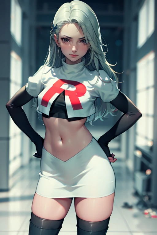 saep5 ,glossy lips ,team rocket uniform, red letter R, white skirt,white crop top,black thigh-high boots, black elbow gloves, evil smile, hands on hips