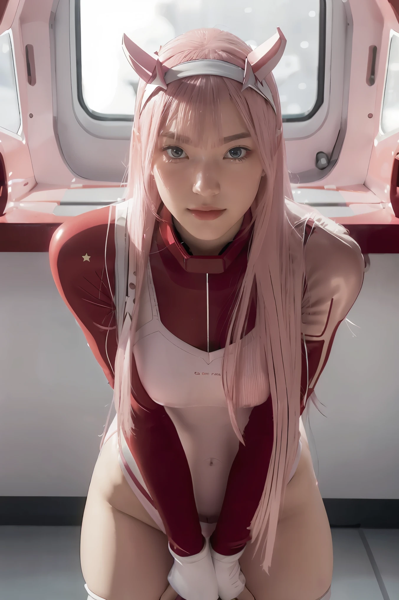 ,dynamic angle,ultra-detailed, illustration, straight on, 1girl, ((Zero two, interface headband with a pair of horns, red bodysuit:1.4, pink hair)), Her eyes shone like dreamy stars,(glowing eyes:1.233),(beautiful and detailed eyes:1.1),(expressionless, closed mouth),(standing), (mechanic room with tools and spaceship window in a white SPACESHIP), (night:1.2), dreamy, [[delicate fingers and hands:0.55]::0.85],(detail fingers), smirk,