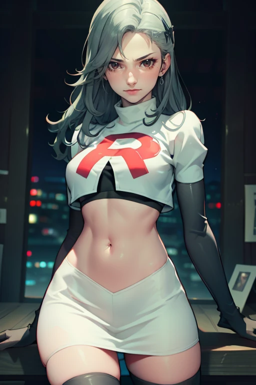 saep5 ,glossy lips ,team rocket uniform, red letter R, white skirt,white crop top,black thigh-high boots, black elbow gloves, evil smile,