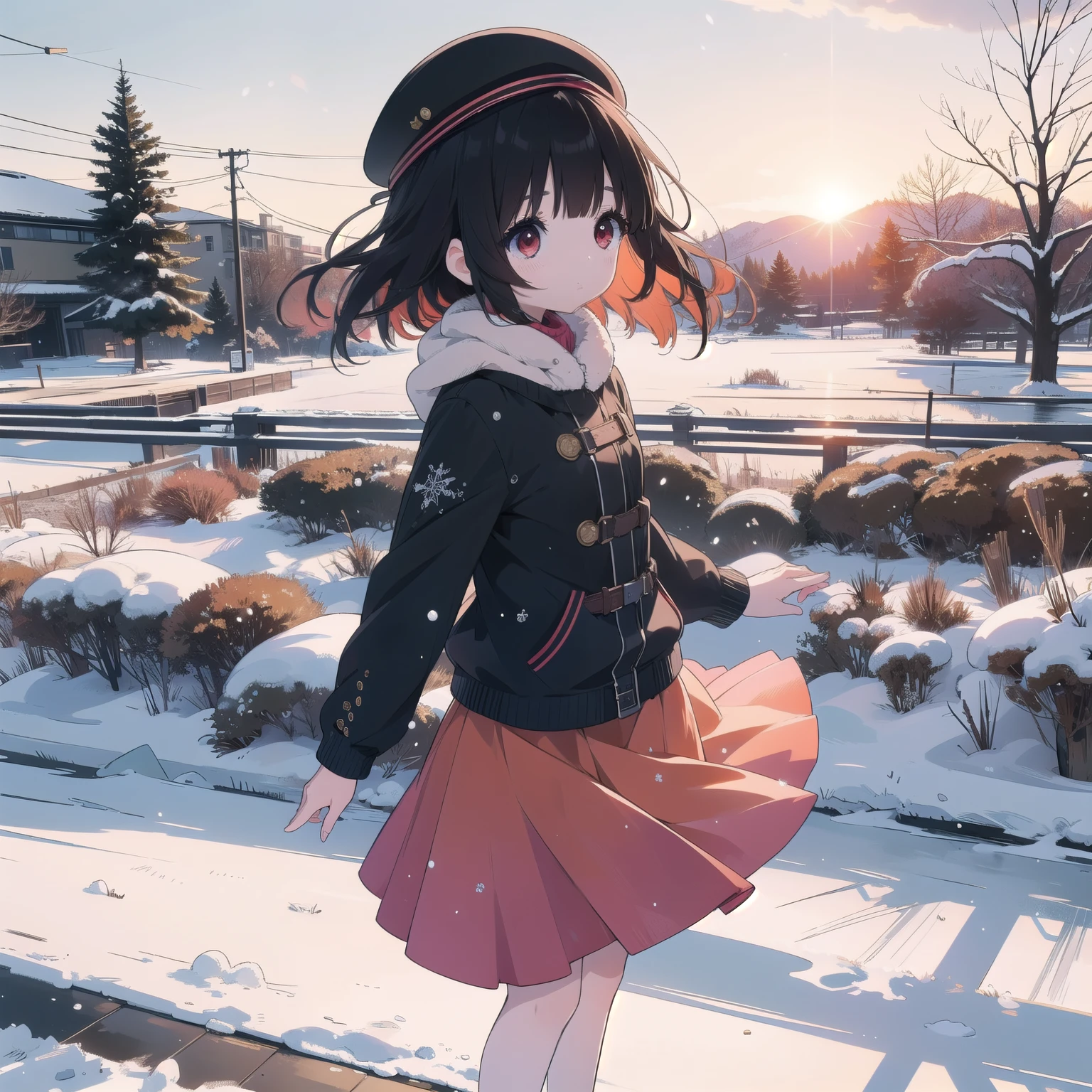 Little People Series, Osanai Yuki , Bobcut、 short cut , Cropped Black Hair , bangs, Slanted Eyes、( red and orange gradation eyes :1.2), Expressionless、((Red cheeks))、young、short、(trembling)、((Small breasts))、
break , front opening、Winter clothes,  Pink Down Jacket,Woolen hat、
break、Sapporo Snow Festival 、 A Girl Looks Up at the Sky 、 brush up her hair 、Skirt fluttering in the wind、Flared Skirt、 Hair blowing in the wind 、
 masterpiece, Best Quality, High resolution, Unity 8K Wallpaper, ( beautiful attention to detail:1.6), Highly detailed face,  perfect lighting,  very detailed CG , (Perfect hands, Perfect Anatomy), Full Body Portrait 、