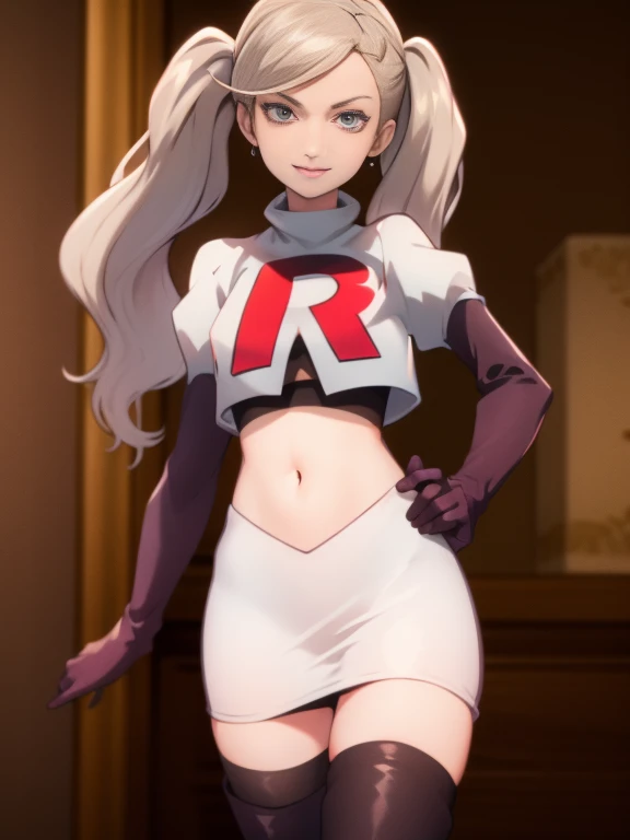 AnnTak, glossy lips ,team rocket uniform, red letter R, white skirt,white crop top,black thigh-high boots, black elbow gloves, evil smile, looking at viewer, cowboy shot